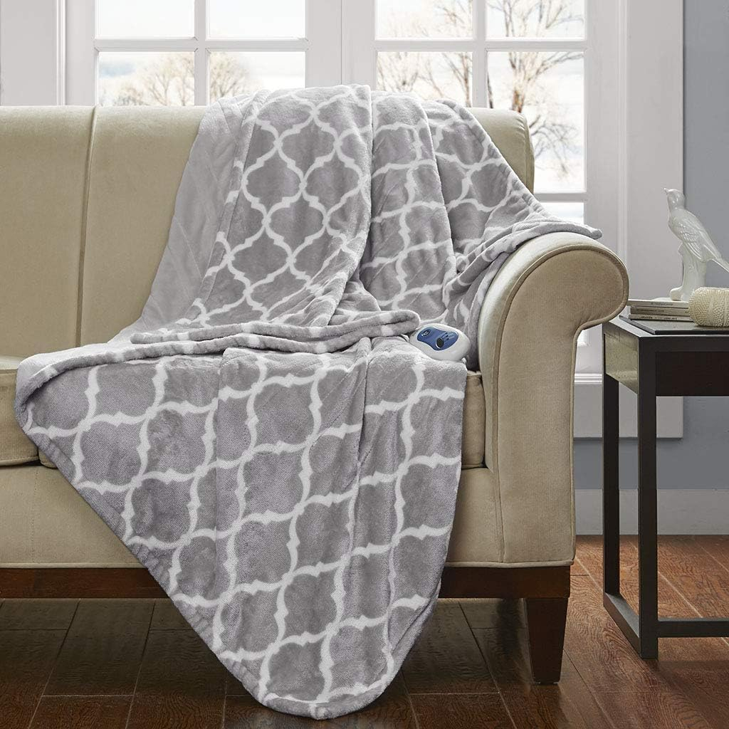 Beautyrest Ogee Printed Plush Electric Blanket for Cold Weather, Fast Heating, Auto Shut Off, Virtually Zero EMF, Multi Heat Setting, UL Certified, Machine Washable, Grey Oversized Throw 60x70
