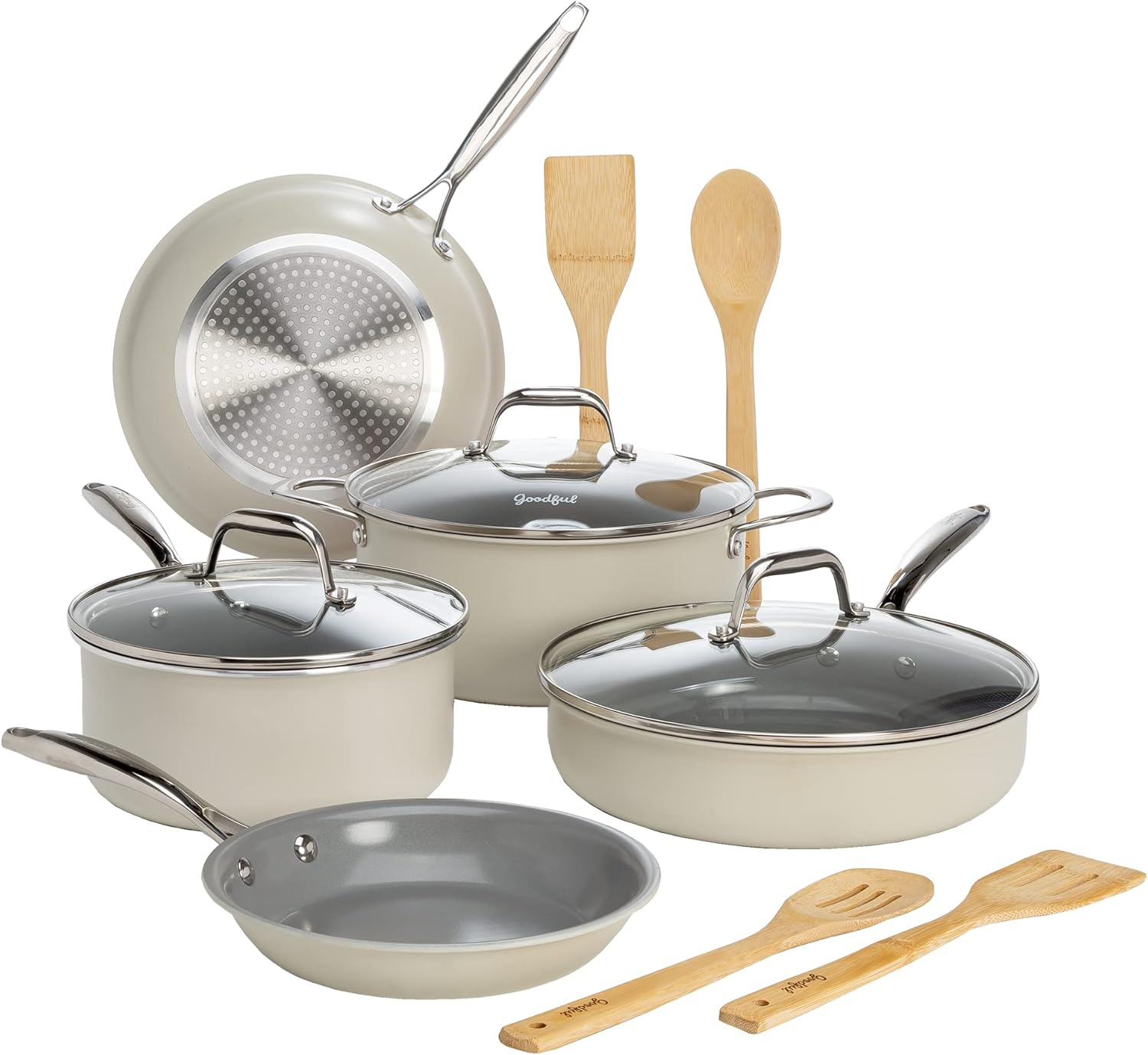 Cream 12-Piece Nonstick Aluminum Cookware Set with Glass Lids