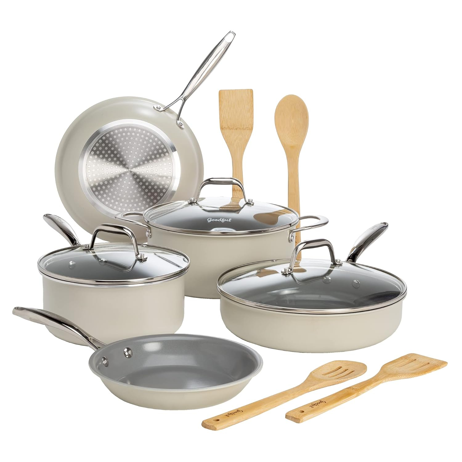 Goodful Ceramic Nonstick Pots and Pans Set, Titanium-Reinforced Premium Nonstick Coating, Dishwasher Safe Pots and Pans, Tempered Glass Steam Vented Lids, Stainless Steel Handles, 12-Piece, Cream