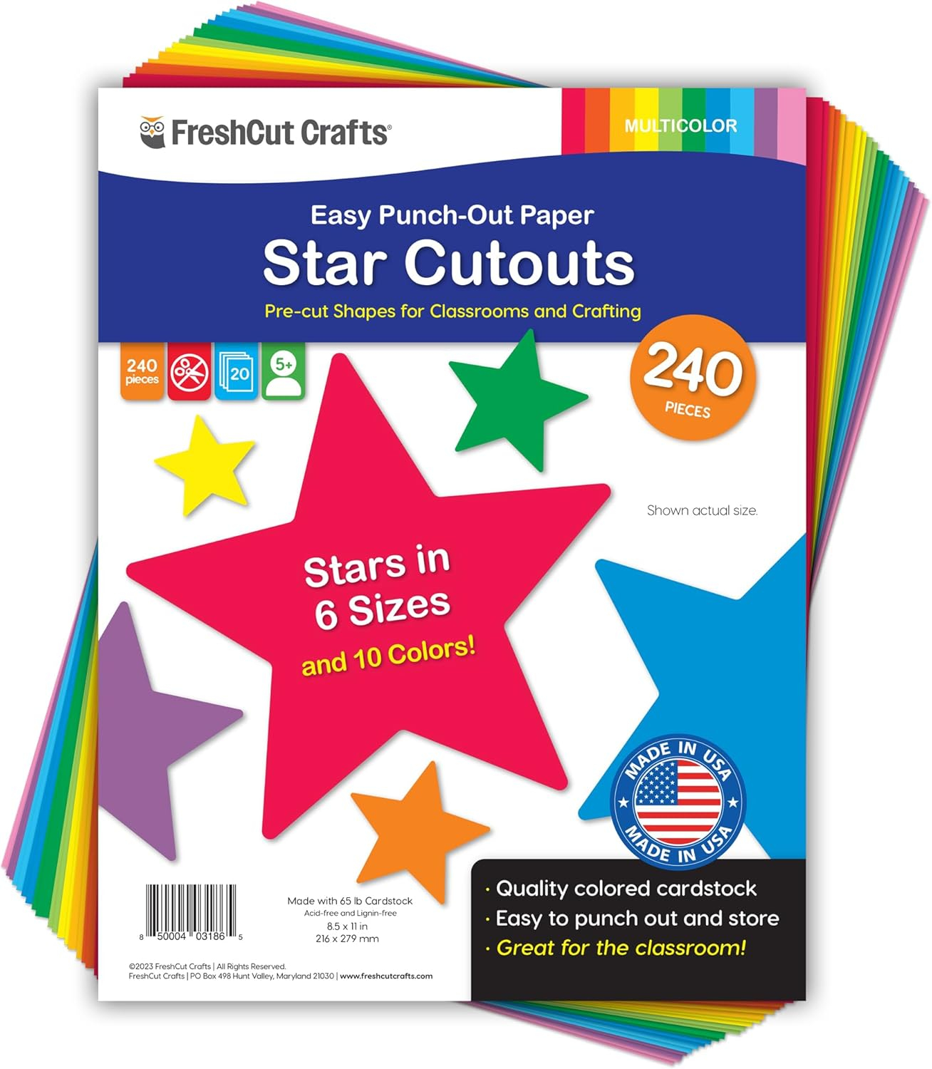 240 Pieces Star Cutouts, 2-Sided US Made Card Stock Punch Out Multicolor Stars for Bulletin Boards, Classroom Decor, Back to School DIY Craft Projects, Party Decoration, Hollywood Themed Events