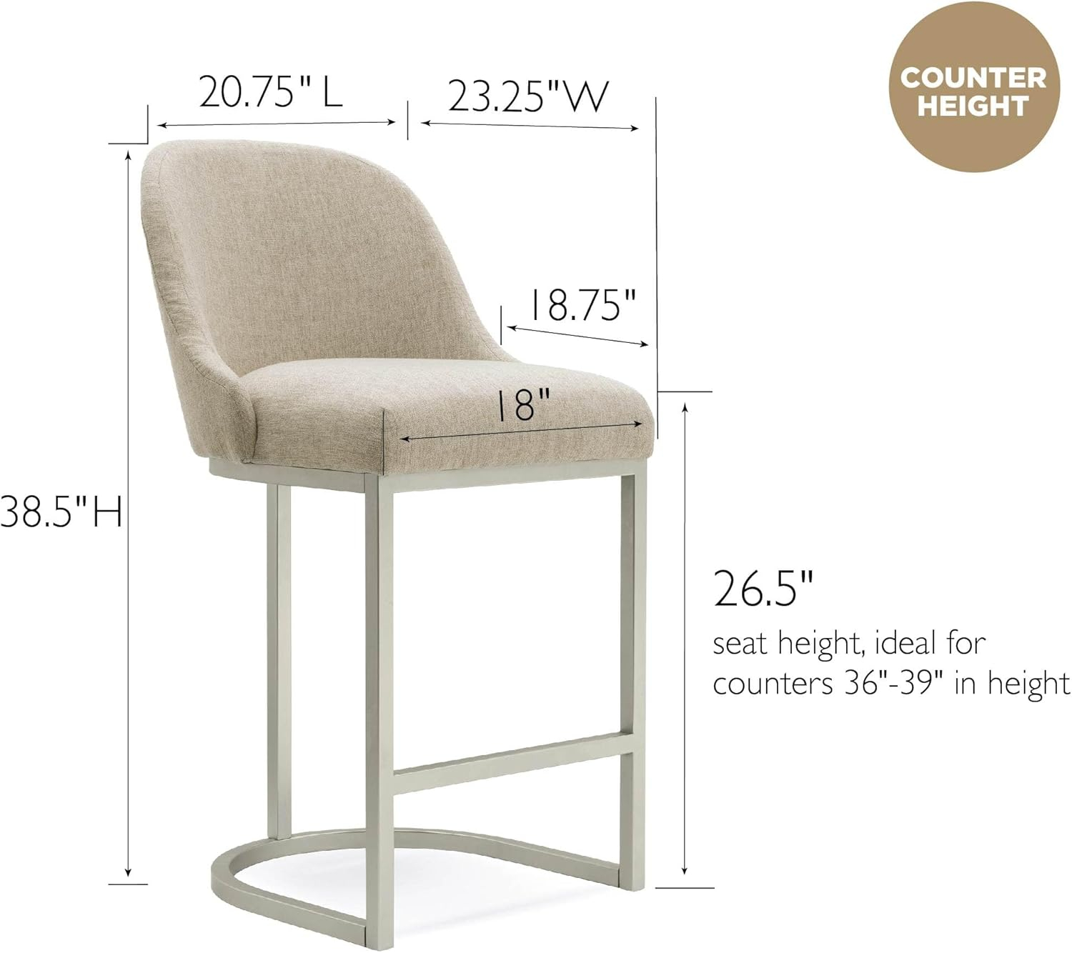 Leick Home Barrelback Counter Stool with Oatmeal Seat and Pewter Metal Base, Set of 4