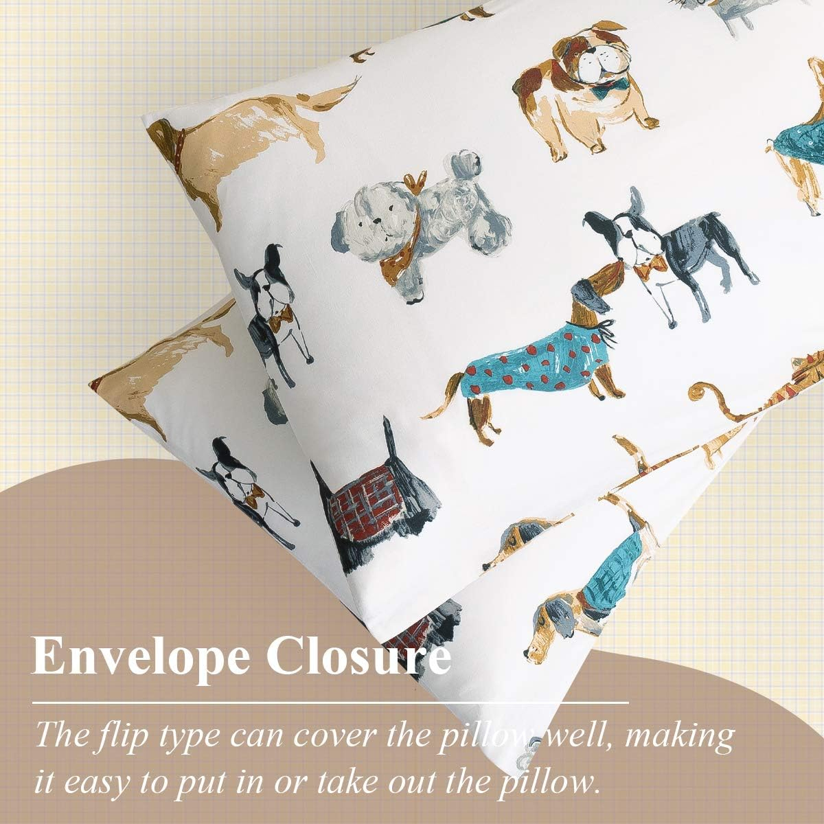 Ivellow 100% Cotton Queen Duvet Cover Set, Cartoon Dog Puppy Patterned Kids Duvet Cover for Boys Girls Soft Bedding Sets 3Pcs White Comforter Cover with Zipper Closure 2 Pillowcases, (No Comforter)