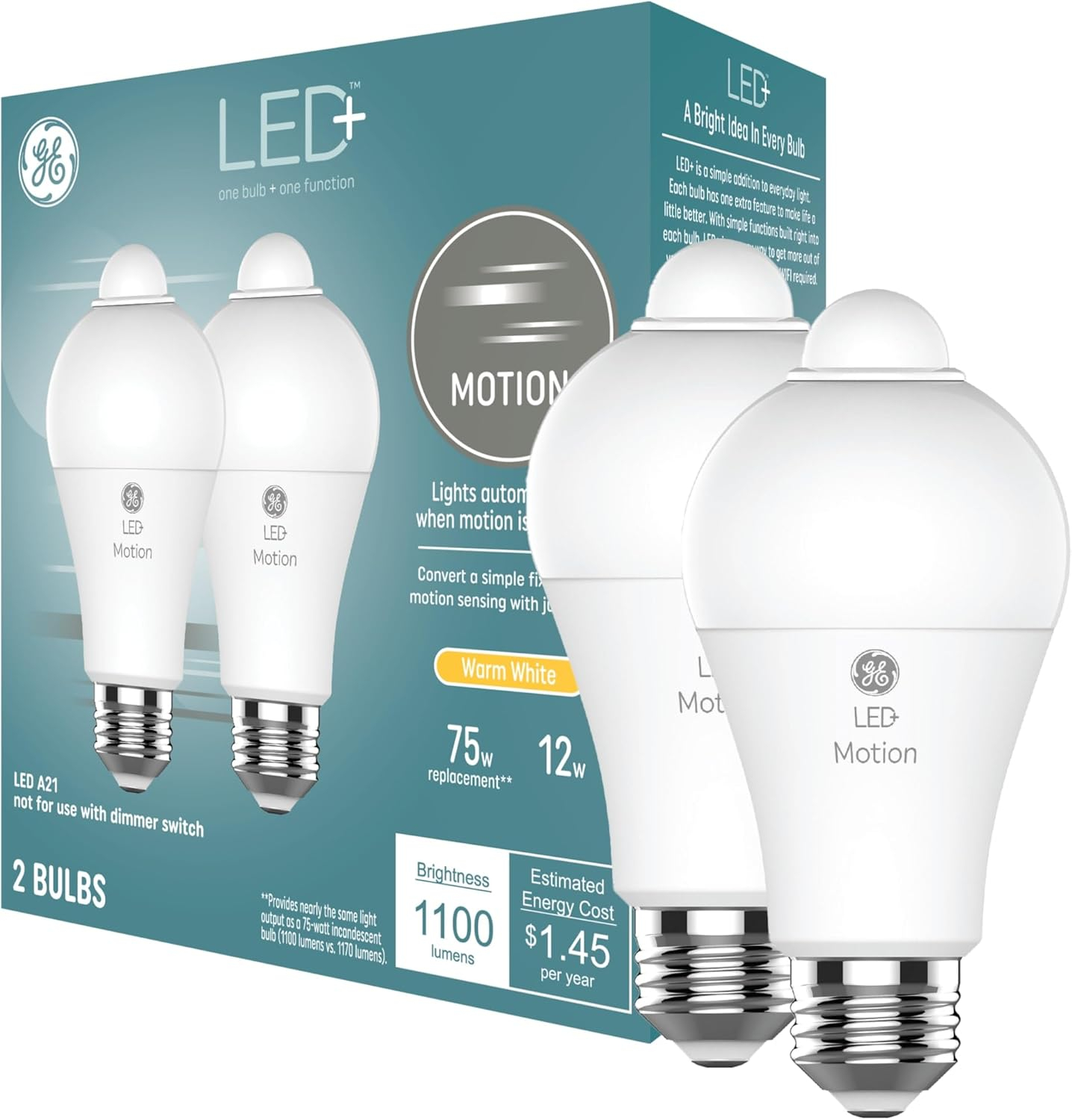 GE LED+ Motion LED Light Bulb, Warm White, 75 Watt, A21 Bulbs, Medium Base, 2pk