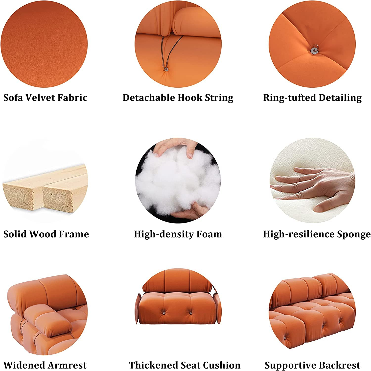 JACH U-Shaped Modular Sectional Couch, 138"" Minimalist Velvet Sofas, Convertible Couches, Mid-Century Modern Sectional Sofa with Chaise Ottomans for Living Room Apartment (Orange), 105OR-U-U