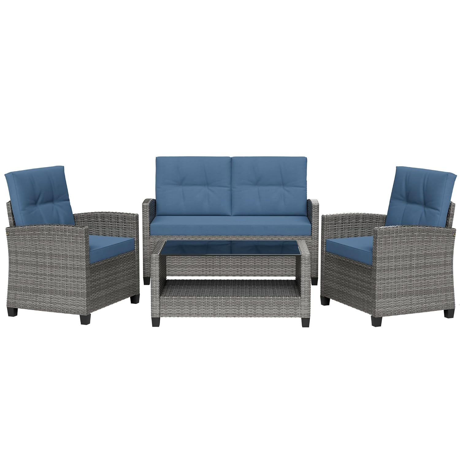 Shintenchi 4 Piece Patio Furniture Set, Outdoor Rattan Conversation Set with Coffee Table, Outside Wicker Sectional Sofa Couch with Cushion, Gray and Blue