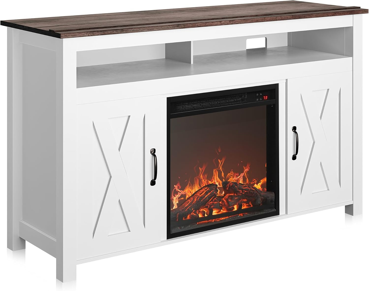 BELLEZE Modern 48 Inch Barn Door Wood TV Stand with 18 Inch Electric Fireplace & Media Entertainment Center Console Table for TV up to 50 Inch with Two Open Shelves and Cabinets - Corin (White)