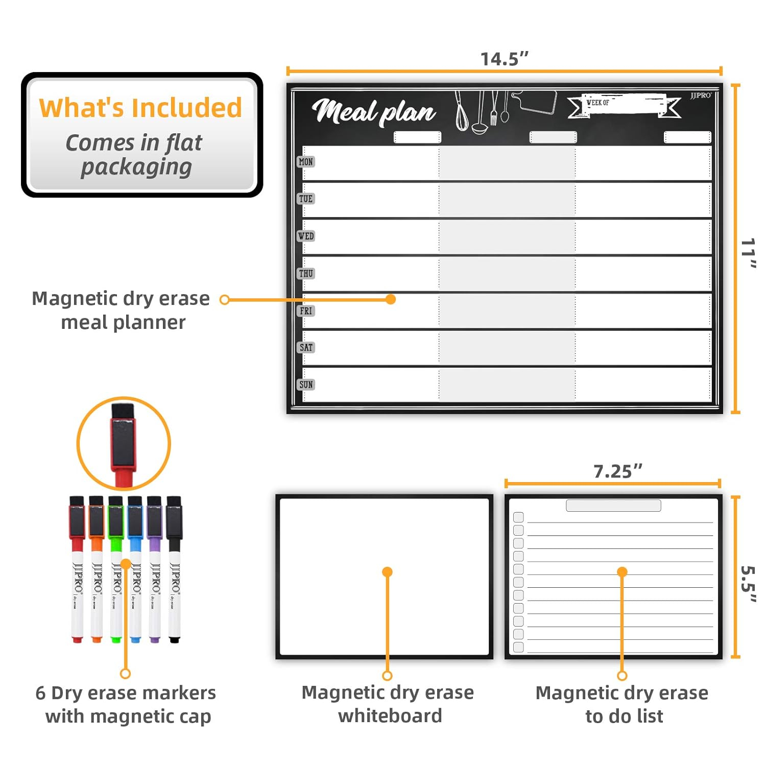 Magnetic Meal Planning Whiteboard - 14.5x11" Weekly Menu Board for Fridge - 7.5?x5.5" Notes - 7.5"x5.5" Whiteboard for Kitchen Refrigerator - 6 Colors whiteboard Markers Included.