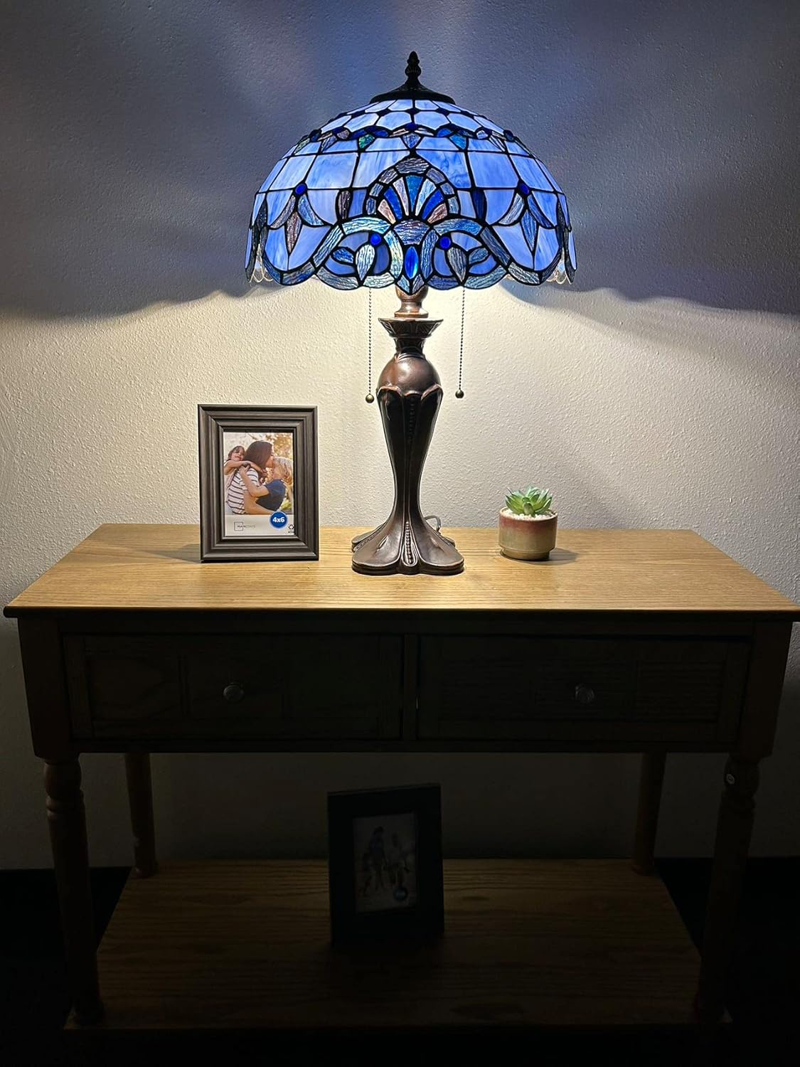 Tiffany Table Lamp Blue Stained Glass Baroque Style Lavender LED Bulbs Included for Living Room Bedroom Bedside 16'W*16"D*24"H