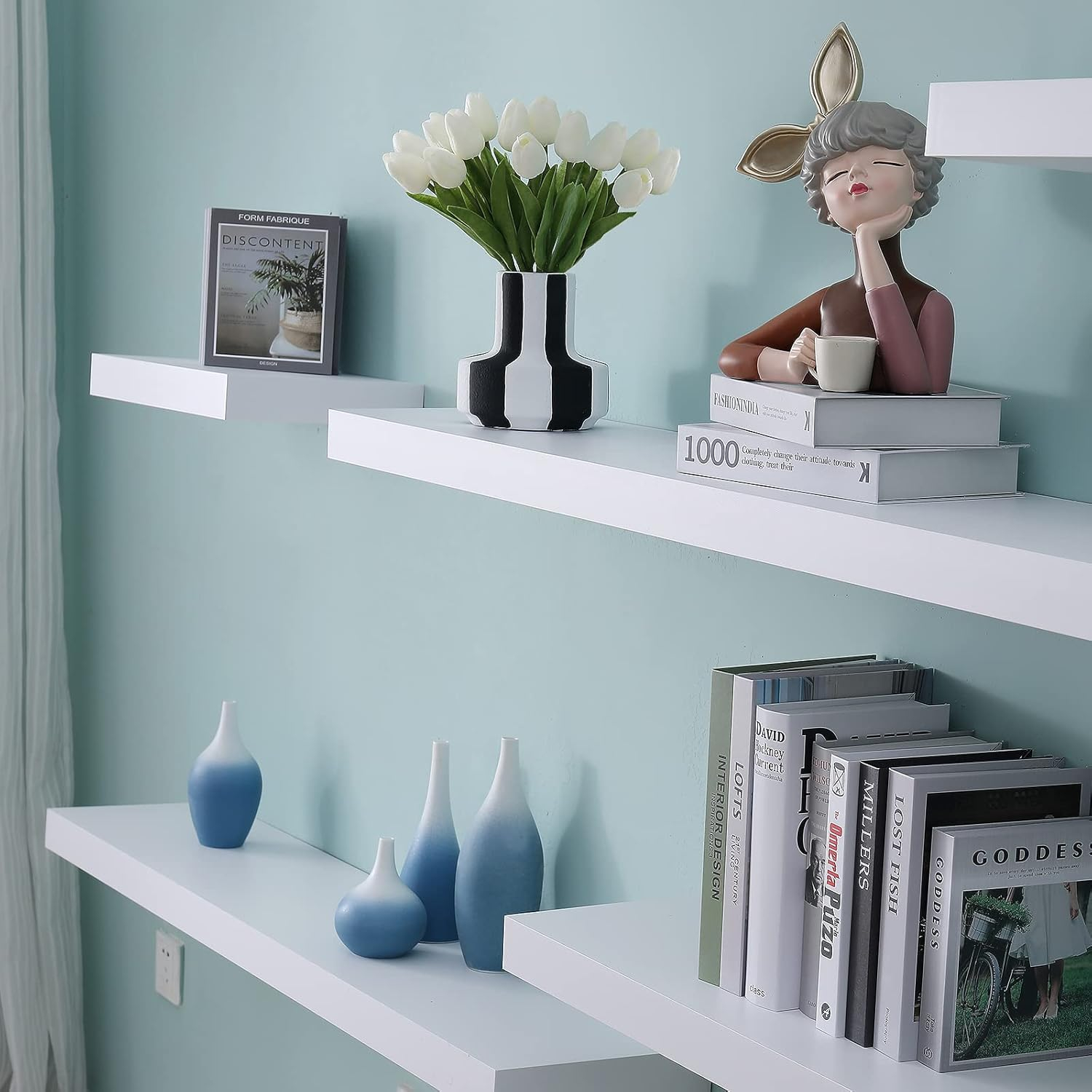WELLAND 16 inch White Mission Floating Shelves for Wall, Bathroom Wall Mount Shelves, Wood Modern Display Shelves, Book Shelves,for Bedroom,Living Room and Kitchen