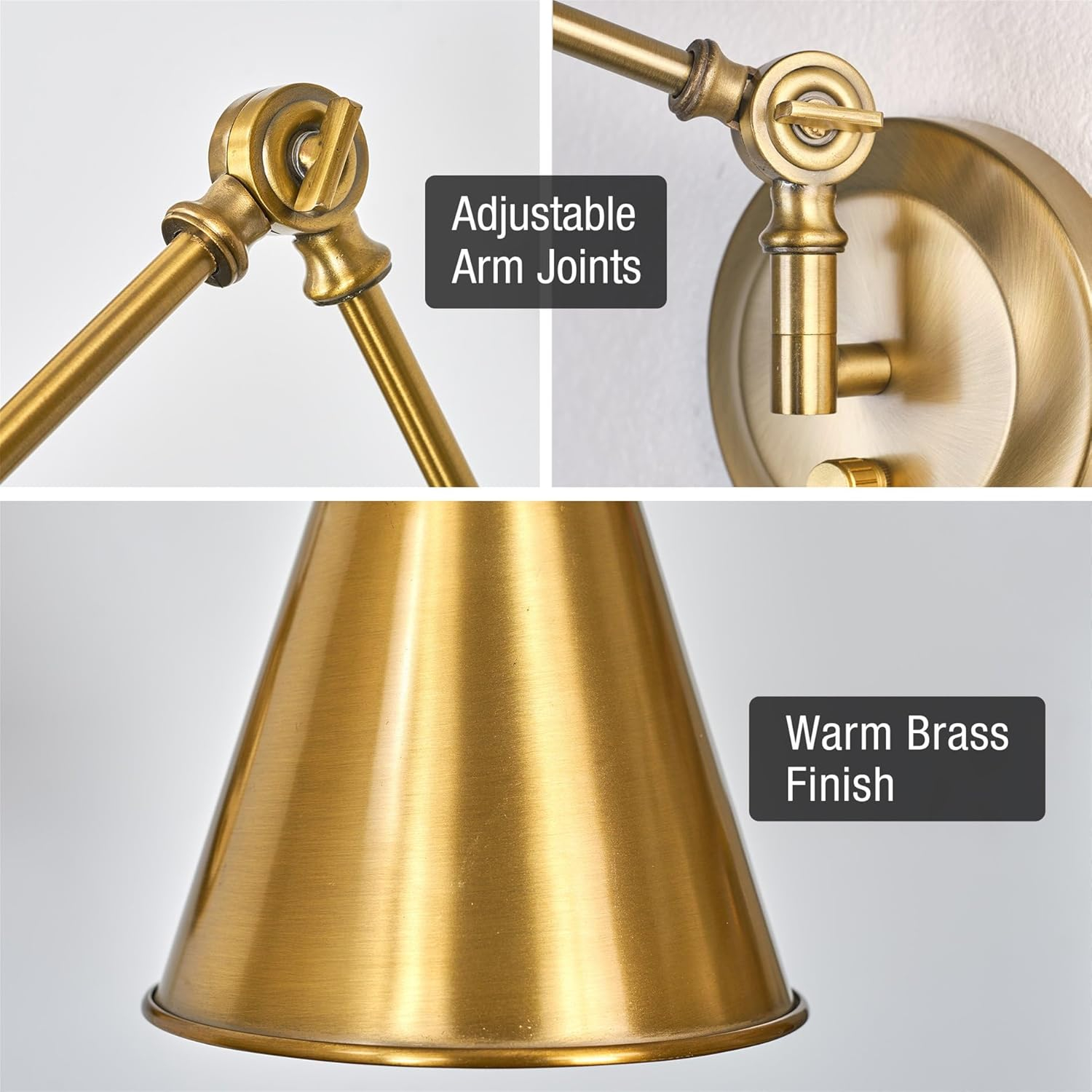 Kira Home Ellis 18" Vintage Industrial Swing Arm Wall Lamp - Plug in/Wall Mount + Cord Covers, Warm Brass Finish, 2-Pack