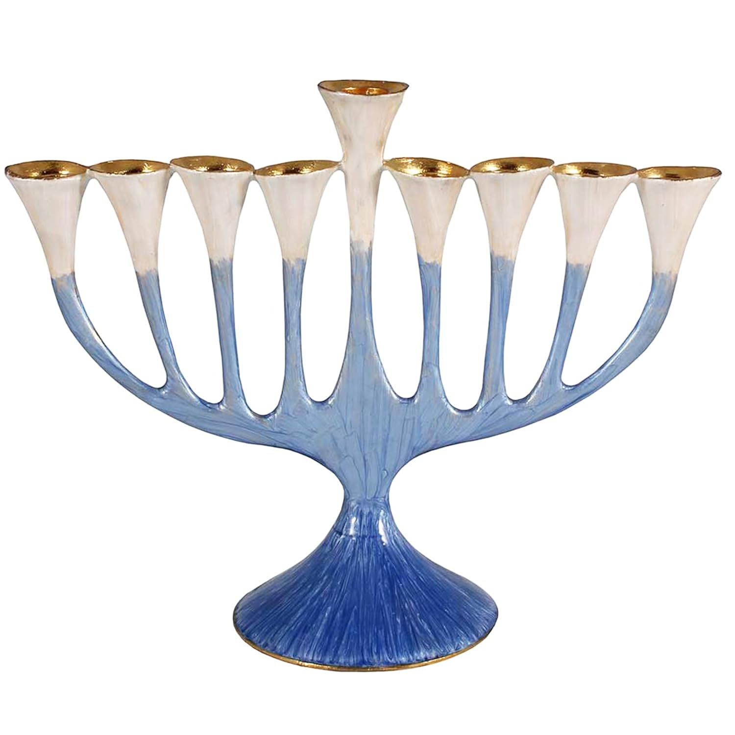 Artistic Floral Hanukkah Menorah - Trumpet Flower Hanukkiah Enamel Plated Painted in Blue and Gold - fits Standard Chanukah Candles - Comes in a Gift Box Collectible Candle Menorahs by Zion Judaica