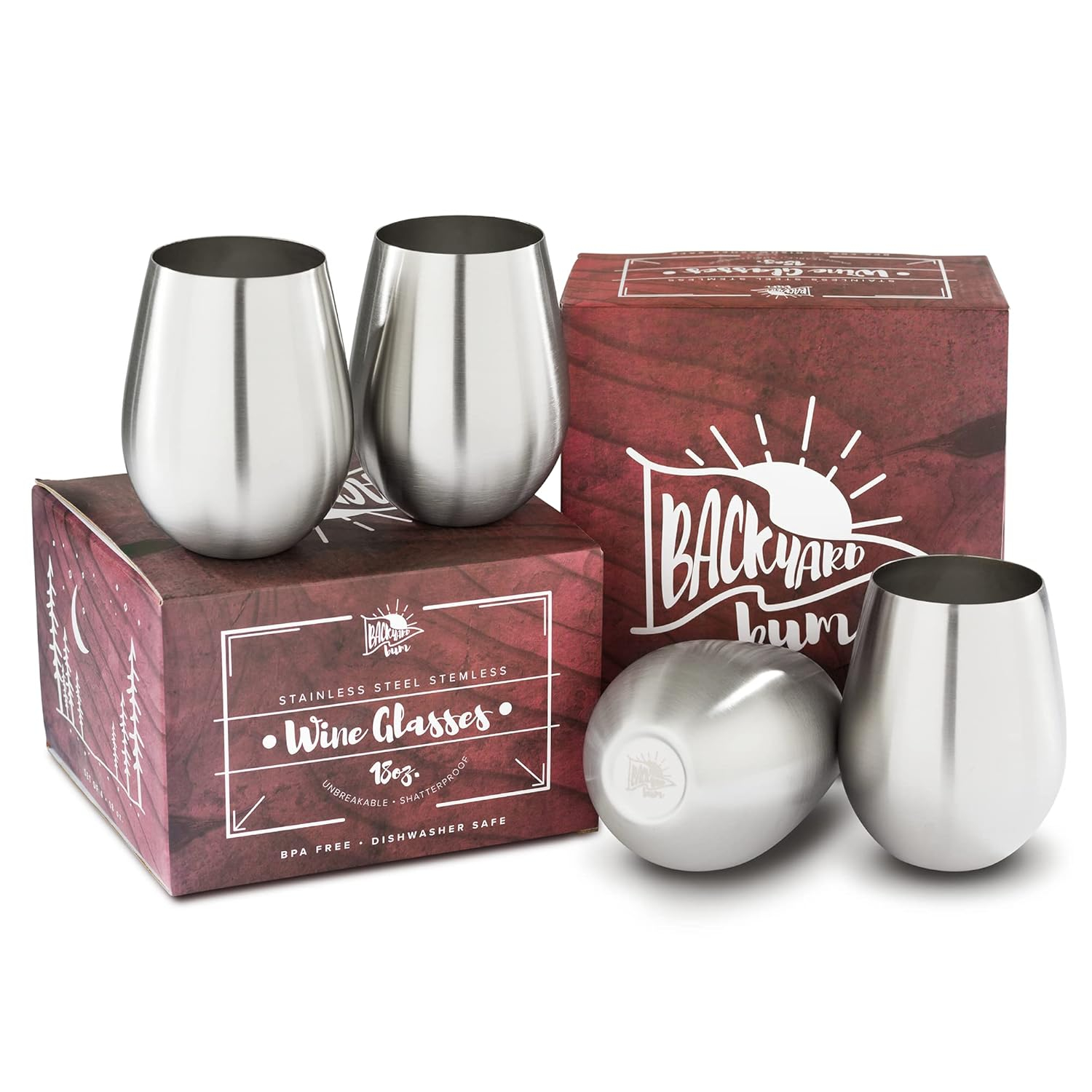 Premium Solid Stainless Steel Wine Glasses | Set of 4 Large 18 Ounce | Stemless Wine Glasses| Perfect for Entertaining Outdoors