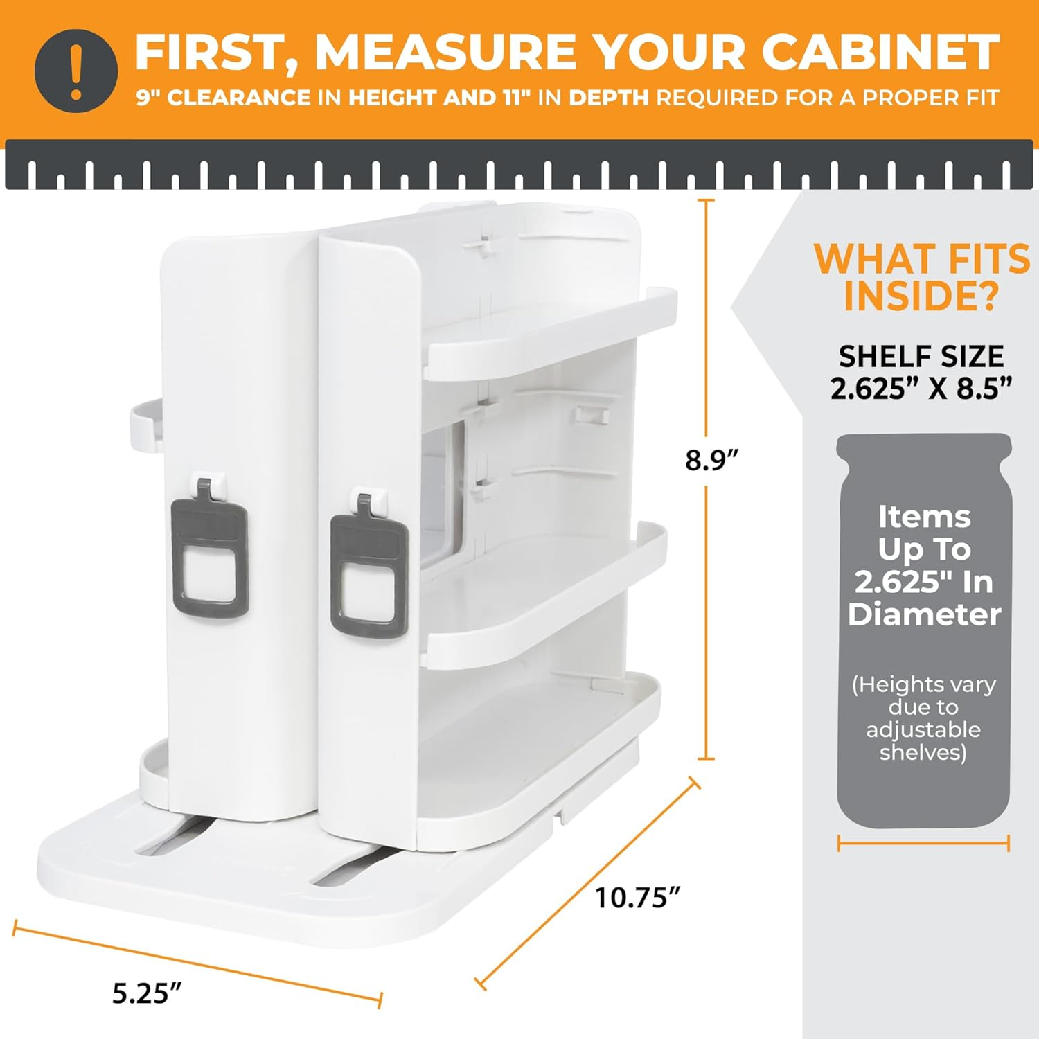 Cabinet Caddy SNAP! Spice Rack Organizer for Cabinet - Slide & Rotate Seasoning Organizer - 3 Snap-In Adjustable Shelves for 5 Tier of Storage - Magnetic Modular Design - 8.9”H x 6.1”W x 10.8”D