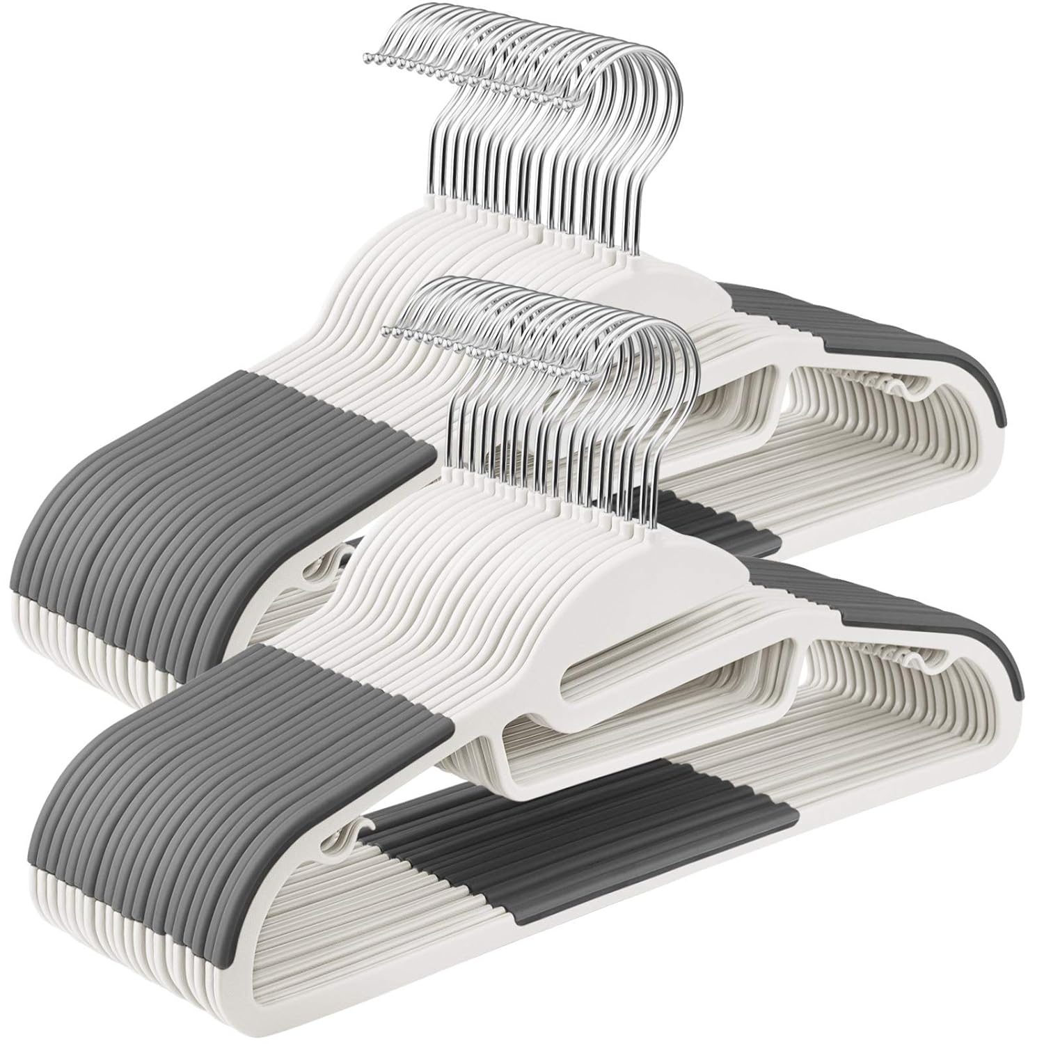 SONGMICS 50 Pack Coat Hangers, Heavy-Duty Plastic Suit Hangers, S-Shaped Opening, Space-Saving, 360º Swivel Hook, 16.3 Inches Wide, Cloud White and Dark Gray UCRP041WG03
