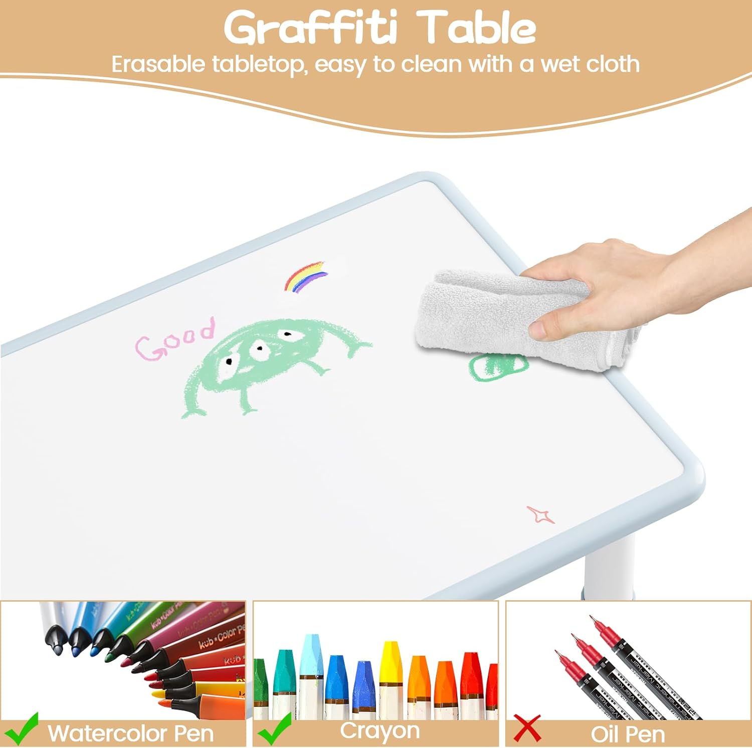 RONIPIC Height Adjustable Toddler Table and 2 Chairs Set with Graffiti Desktop, Kids Table and Chairs Set, Non-Slip Legs, Kids Activity Table for Home, Nursery, Blue