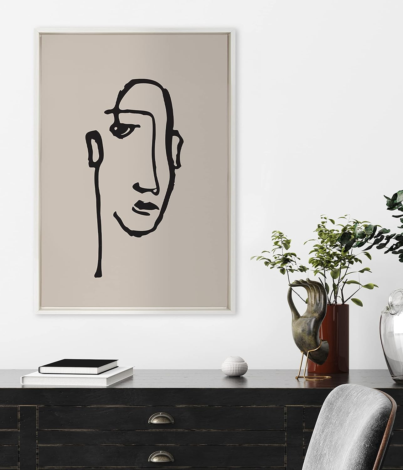Kate and Laurel Sylvie Minimalist Neutral Line Art Drawing Face Framed Canvas Wall Art by The Creative Bunch Studio, 23x33 White, Modern Abstract Face Line Drawing Wall Decor