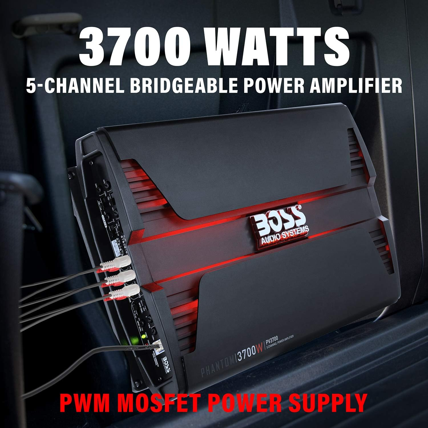 BOSS Audio Systems PV3700 Phantom Series 5 Channel Class A/B Car Amplifier – 3700 High Output, 2-8 Ohm Stable, Low/High Level Inputs, High/Low Pass Crossover, MOSFET, Hook up to Subwoofer for Bass
