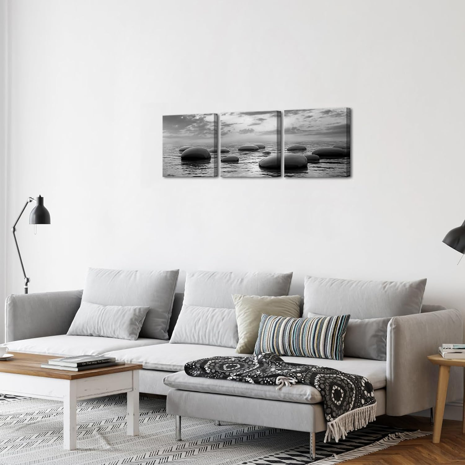 3 Panels Black And White Sea Rock Stone Zen Wall Art Seascape Painting Pictures Print for Home Office Bedroom Bathroom Decor Ready to Hang 12x12inchx3pcs