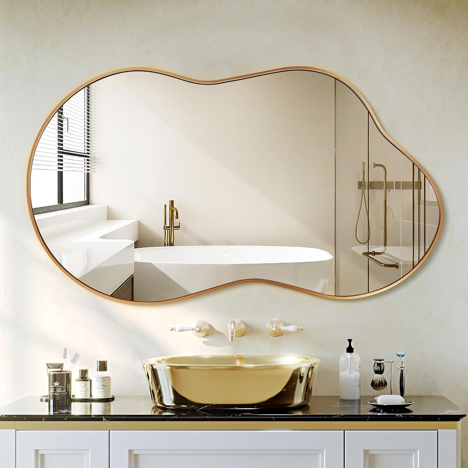 36 in. W. x 24 in. H Irregular Gold Aluminum Alloy Framed Wall Mirror Asymmetrical Wall Mirror
