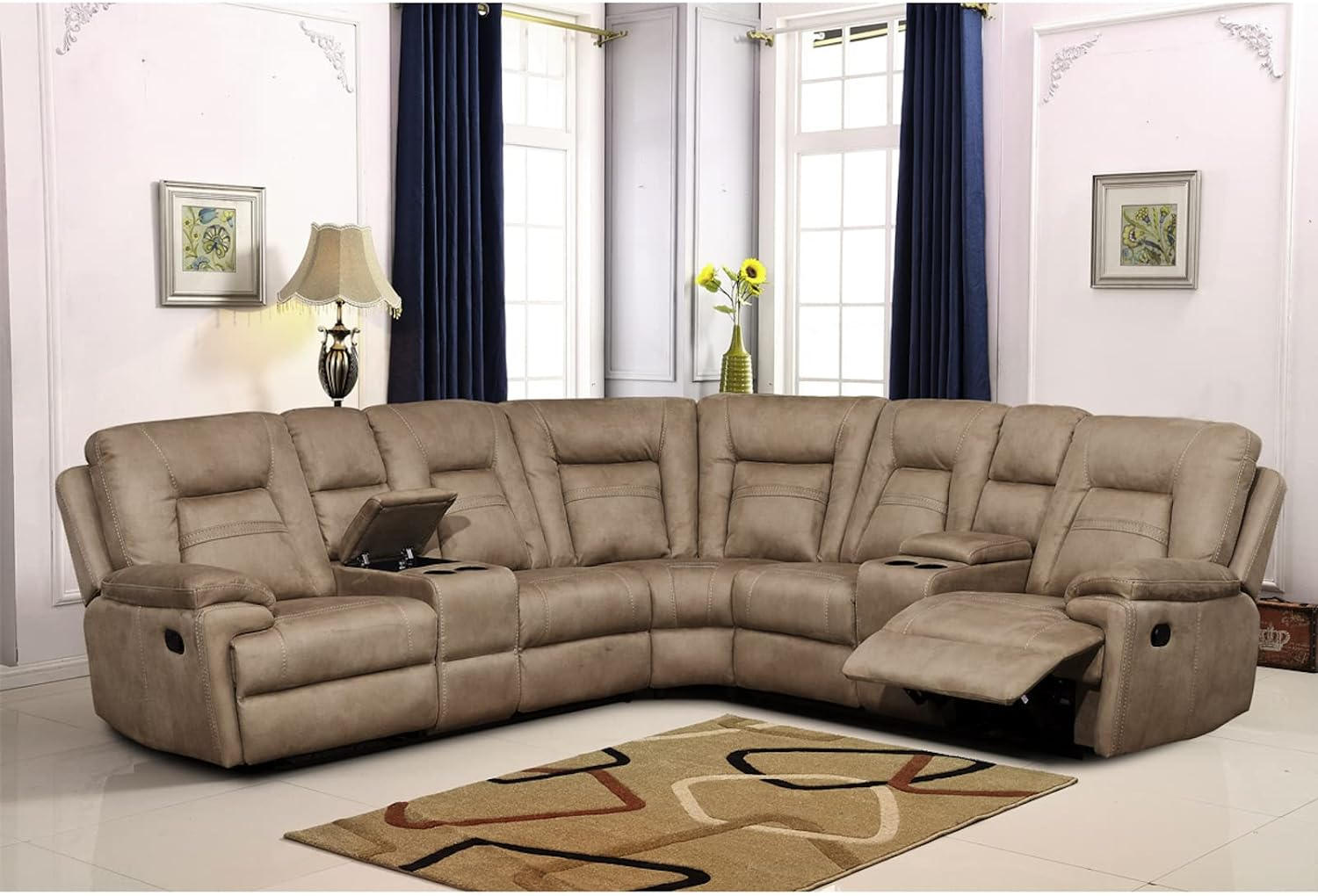Betsy Furniture Large Microfiber Reclining Sectional Living Room Sofa in Latte 8038
