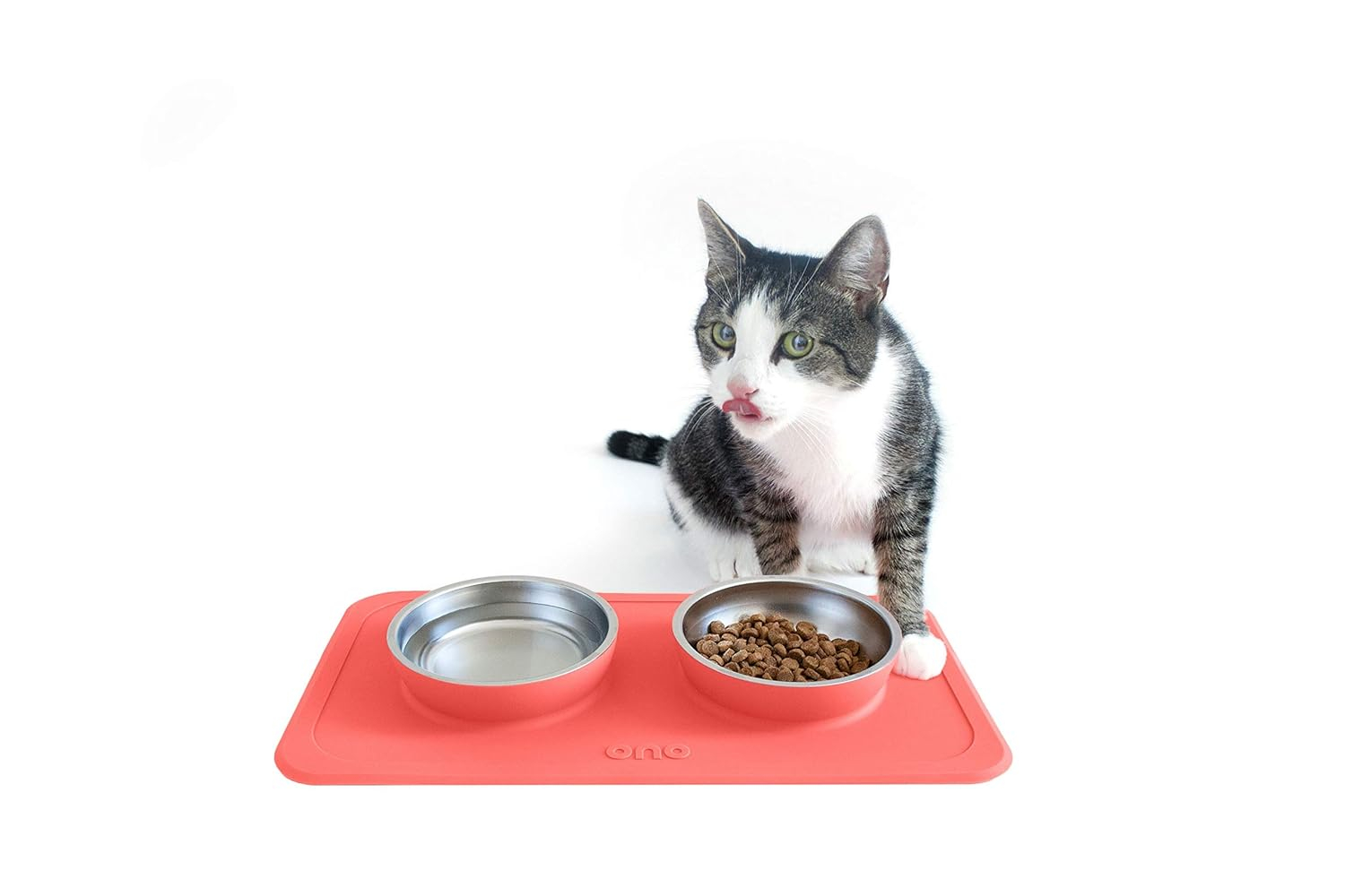 Ono Good Bowl Food & Water Double Feeder - Small to Medium Pets No Spill Non Skid Silicone Mat & Stainless Steel Bowl for Dogs or Cats (Charcoal)