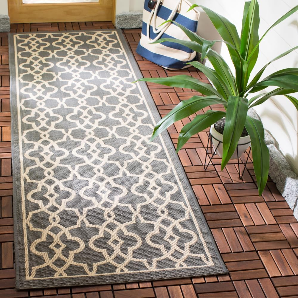 SAFAVIEH Courtyard Carlos Oriental Indoor/Outdoor Runner Rug, Grey/Beige, 2'7" x 8'2"