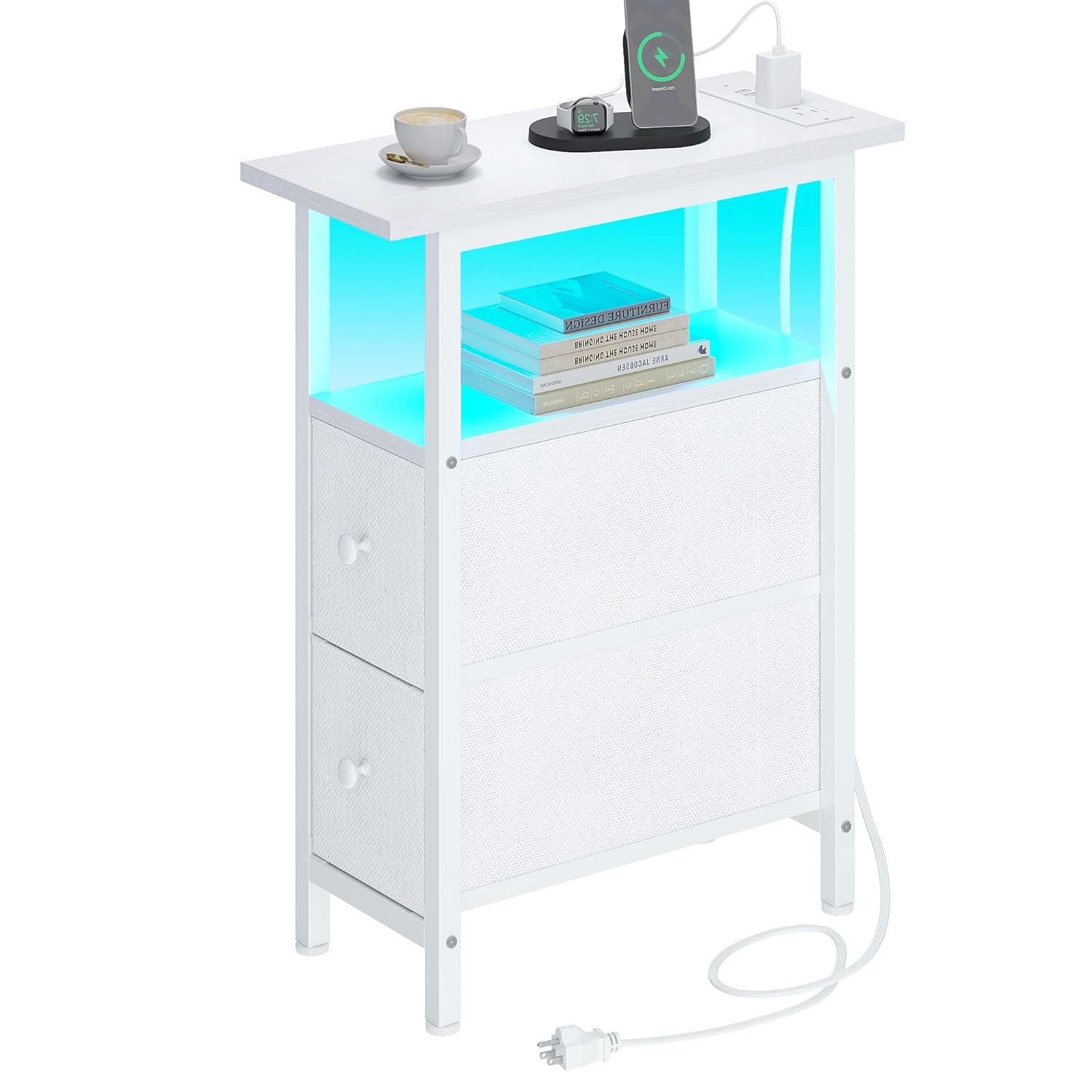 End Table with Charging Station, Narrow Side Table with 2 Fabric Drawers, Skinny Nightstand with LED Light, Slim Bedside Table for Bedroom, Living Room, Small Spaces, White