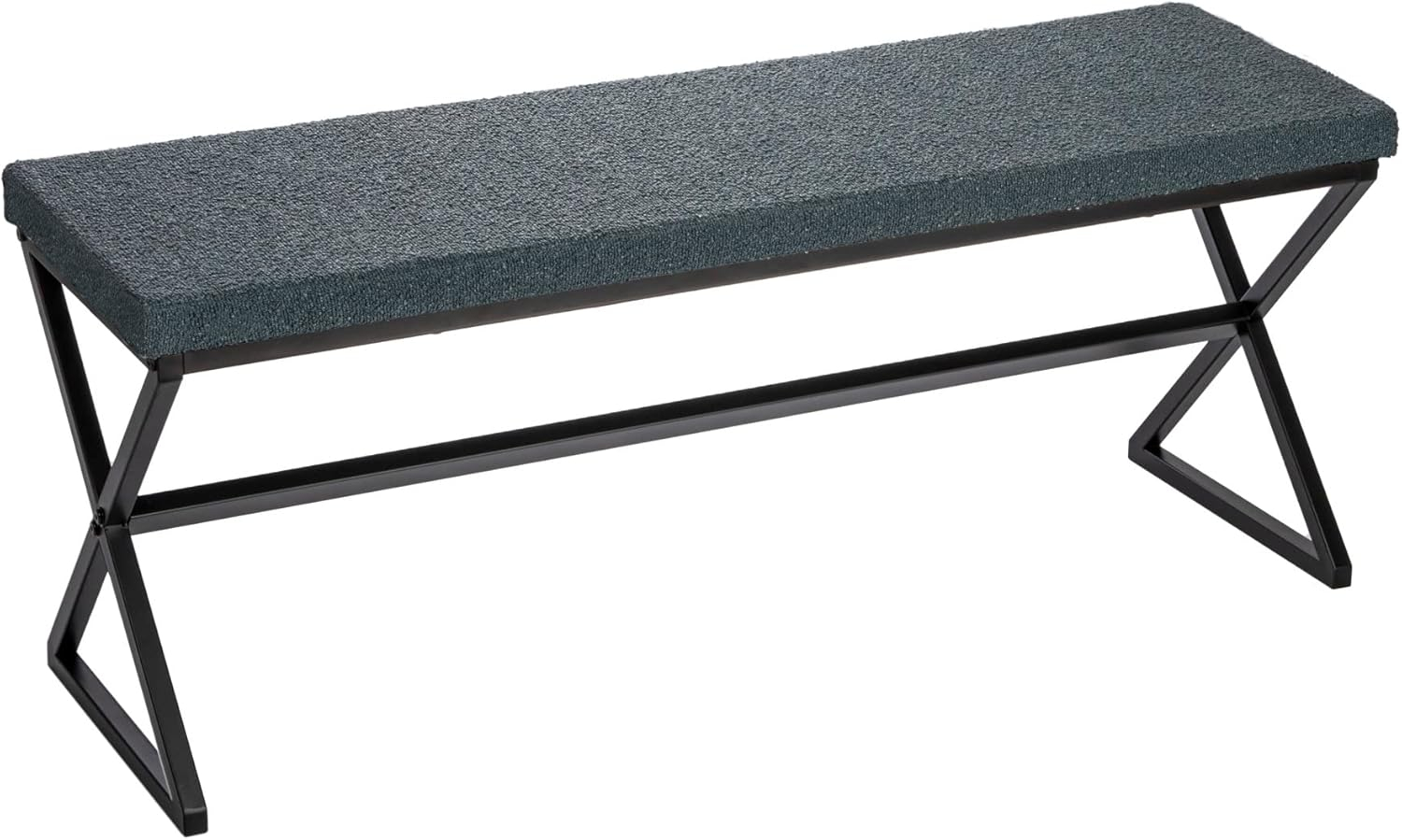 Household Essentials Harper Metal Bench with Boucle Upholstered Cushion, Blue-Grey and Black