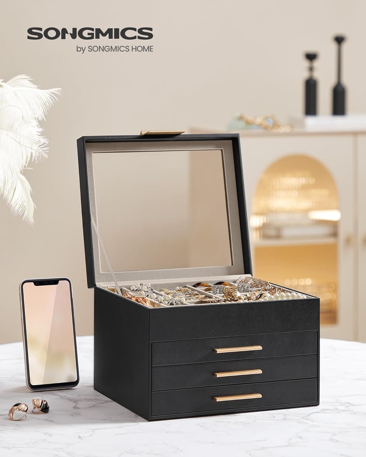 SONGMICS Jewelry Box Organizer with Glass Lid, 4-Layer Jewelry Storage, with 3 Drawers, Modern Style, 8 x 9.1 x 6.5 Inches, Graphite Black and Gold Color UJBC173B01
