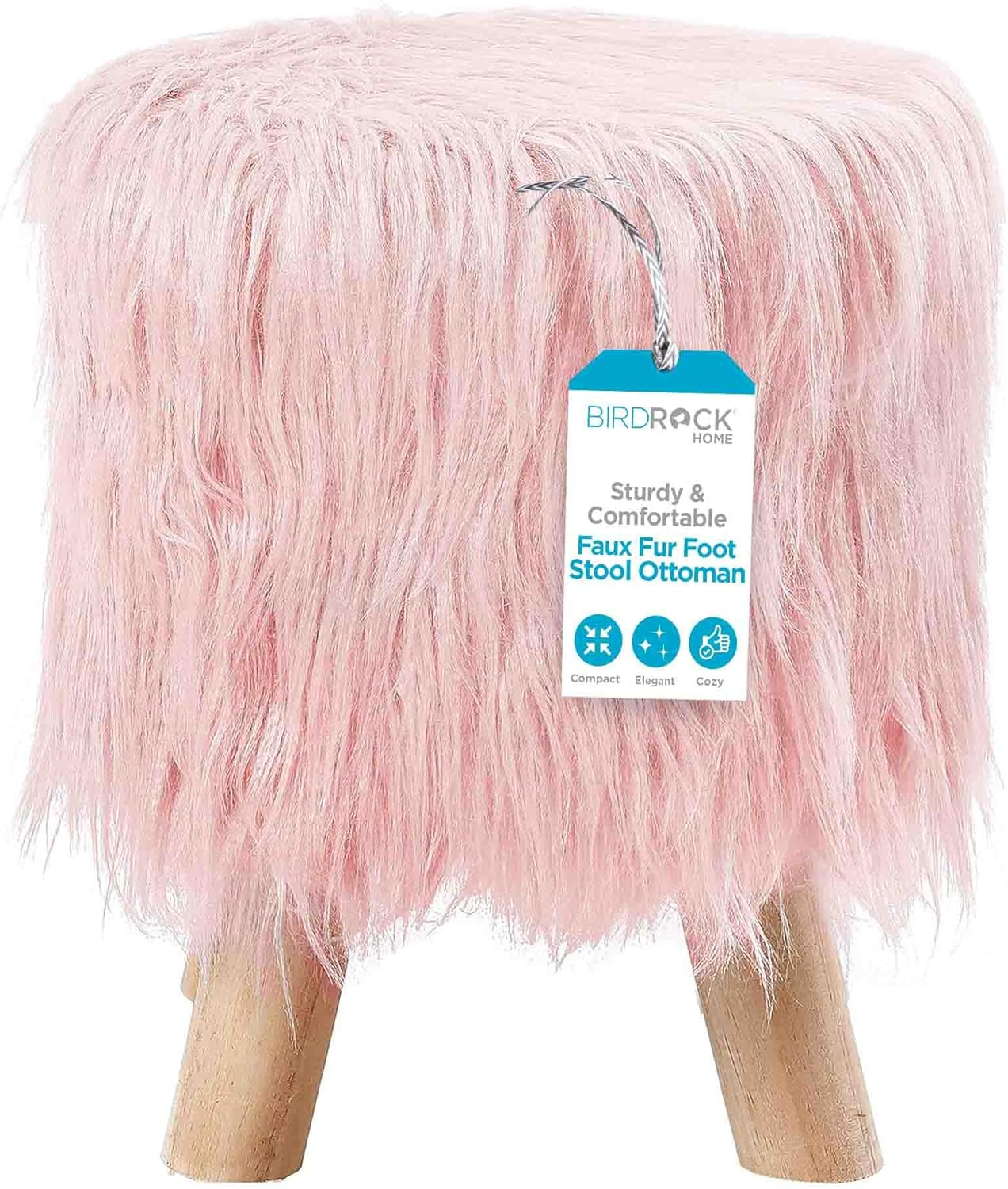BirdRock Home Faux Fur Foot Stool Ottoman with Wood Legs - Pink