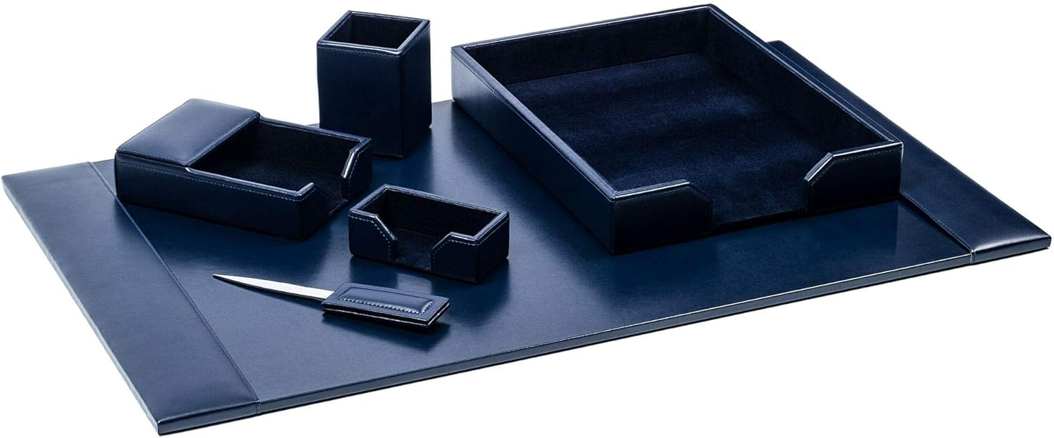 Dacasso Navy Blue 6-Piece Leather Desk Set, Bonded Leather, 30 x 18 x 4, DF-5001