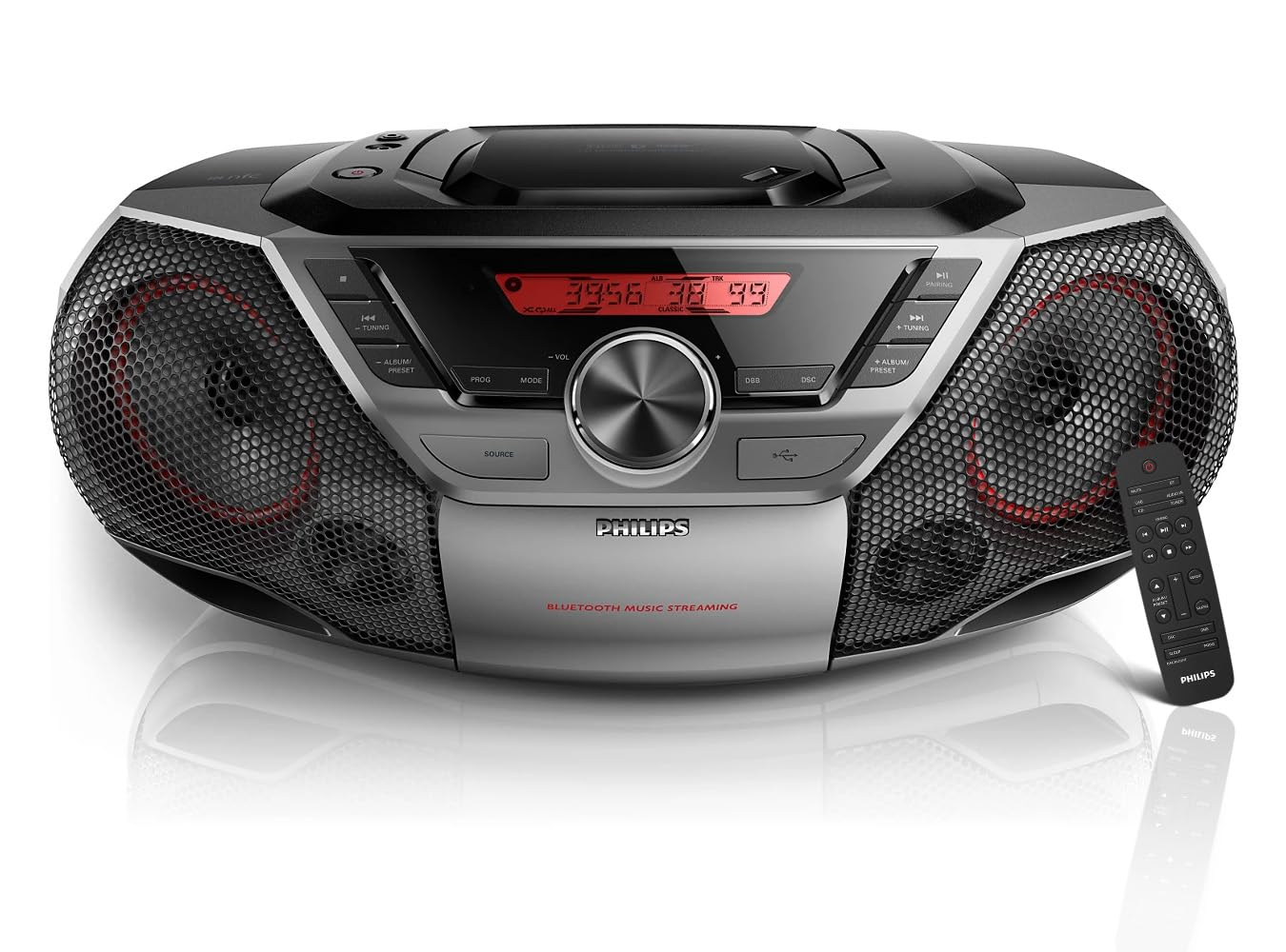 Philips Portable Boombox CD Player Bluetooth FM Radio MP3 Mega Bass Reflex Stereo Sound System with NFC, 12W, USB Input, Headphone Jack, and LCD Display