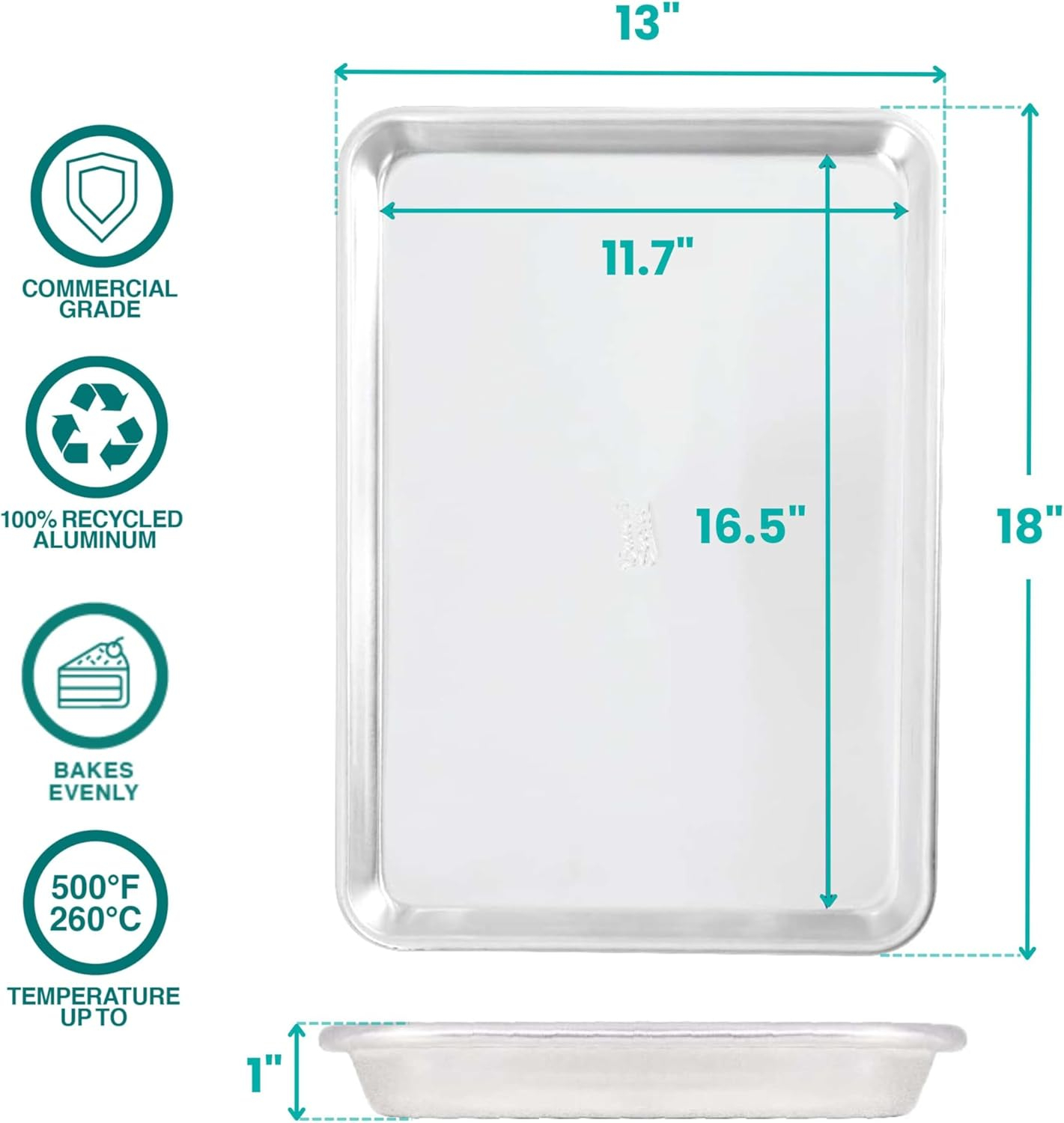 Baker's Secret 18"x13" Pure Aluminum Cookie Sheet, 100% Recycled Aluminum, Baking Sheet Cookie Sheets for Baking, 0.8mm Extra Thick Baking Pan, Commercial Grade, The Natural Aluminum Collection