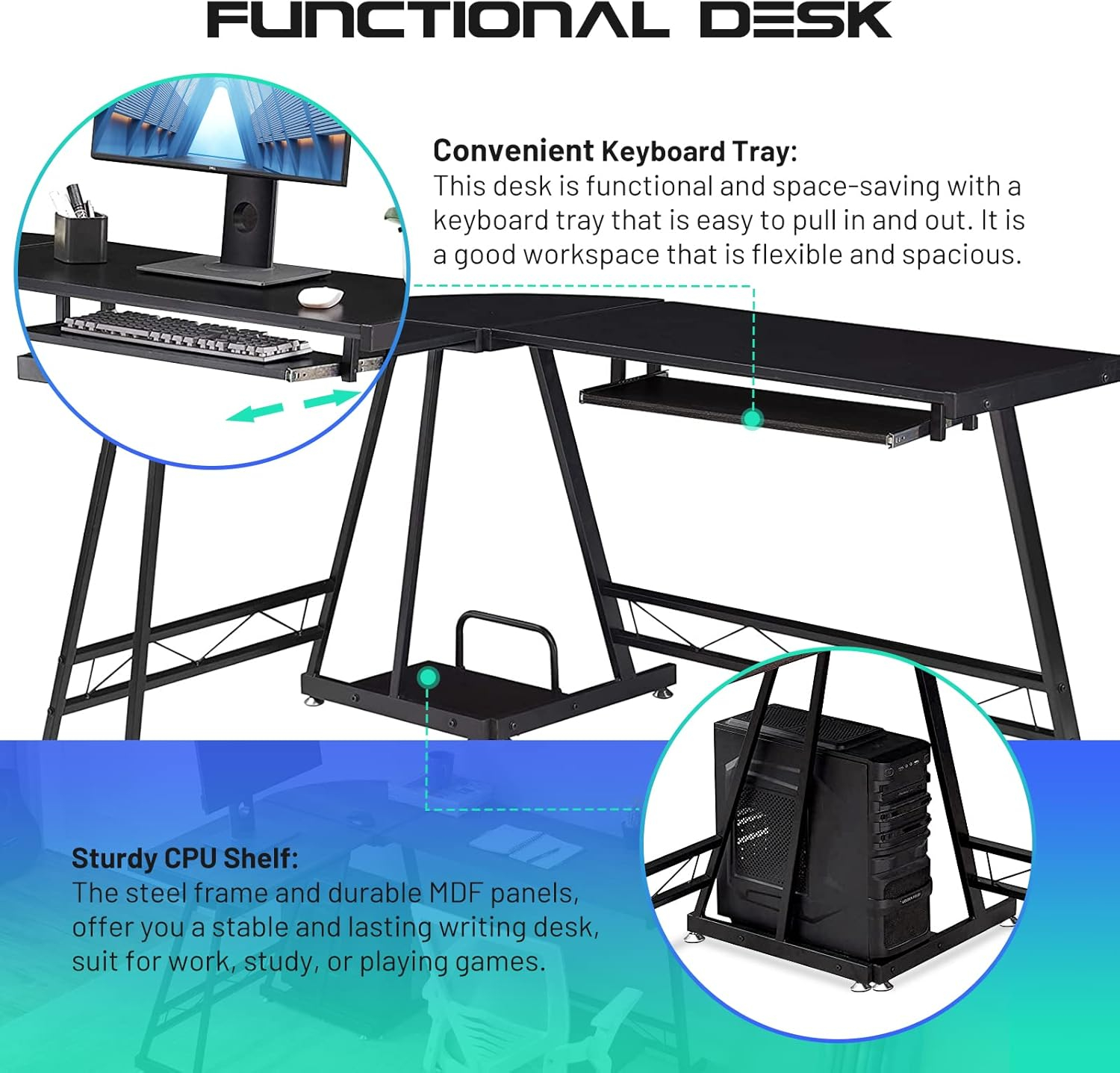 L-Shaped Computer Desk with CPU Stand Home Office Gaming Desk Writing Table Interchangeable Switch Board Computer Workstation PC Laptop Table with Keyboard Tray, Round Corner (Jet Black)