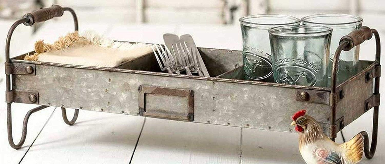 Galvanized Steel Industrial Divided Tray with Wooden Handles