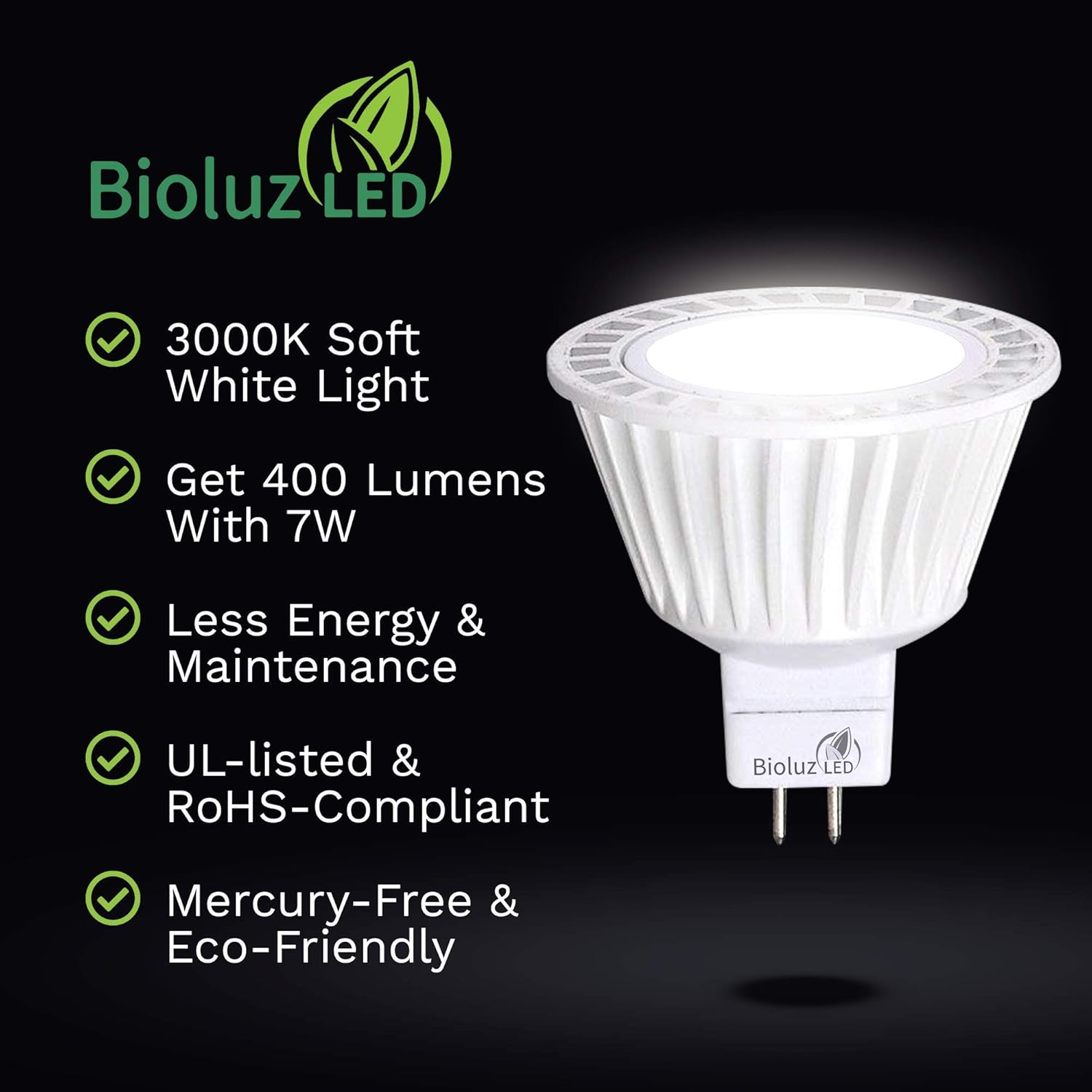 Bioluz LED 5 Pack MR16 Light Bulbs, Dimmable 7W LED Bulbs, 50W Halogen Replacement, 3000K LED Light Bulb, 12V AC/DC, UL Listed, High CRI, LED Lights for Bedroom & Home Decor