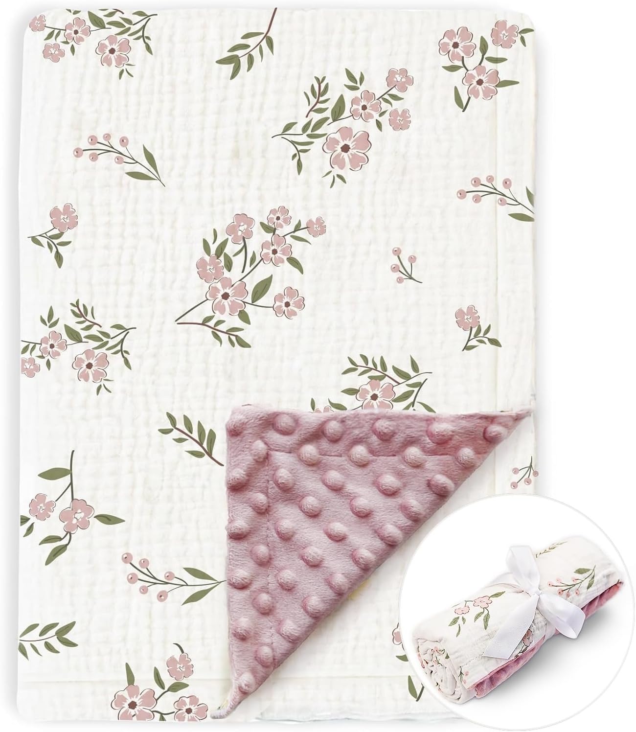 BOPRIO Muslin Baby Blankets for Girls Super Soft Nursery Minky Blankets with Breathable Muslin Cotton Front and 3D Touch Dotted Fleece Backing, Pink Floral Printed Bed Throws Newborn 30 x 40 Inch