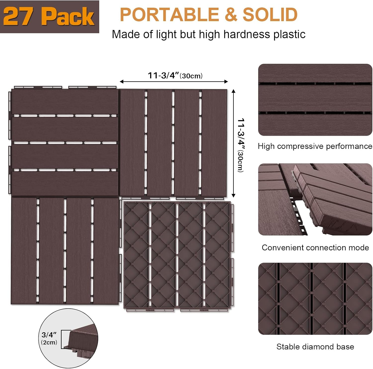 Goovilla 27 sq. ft Plastic Interlocking Deck Tiles，27PCS Waterproof Patio Balcony Flooring, 12"x12" Outdoor Interlocking Deck Tile for All Weather Porch Poolside Grass Dirty, Decking Tiles, Dark Brown