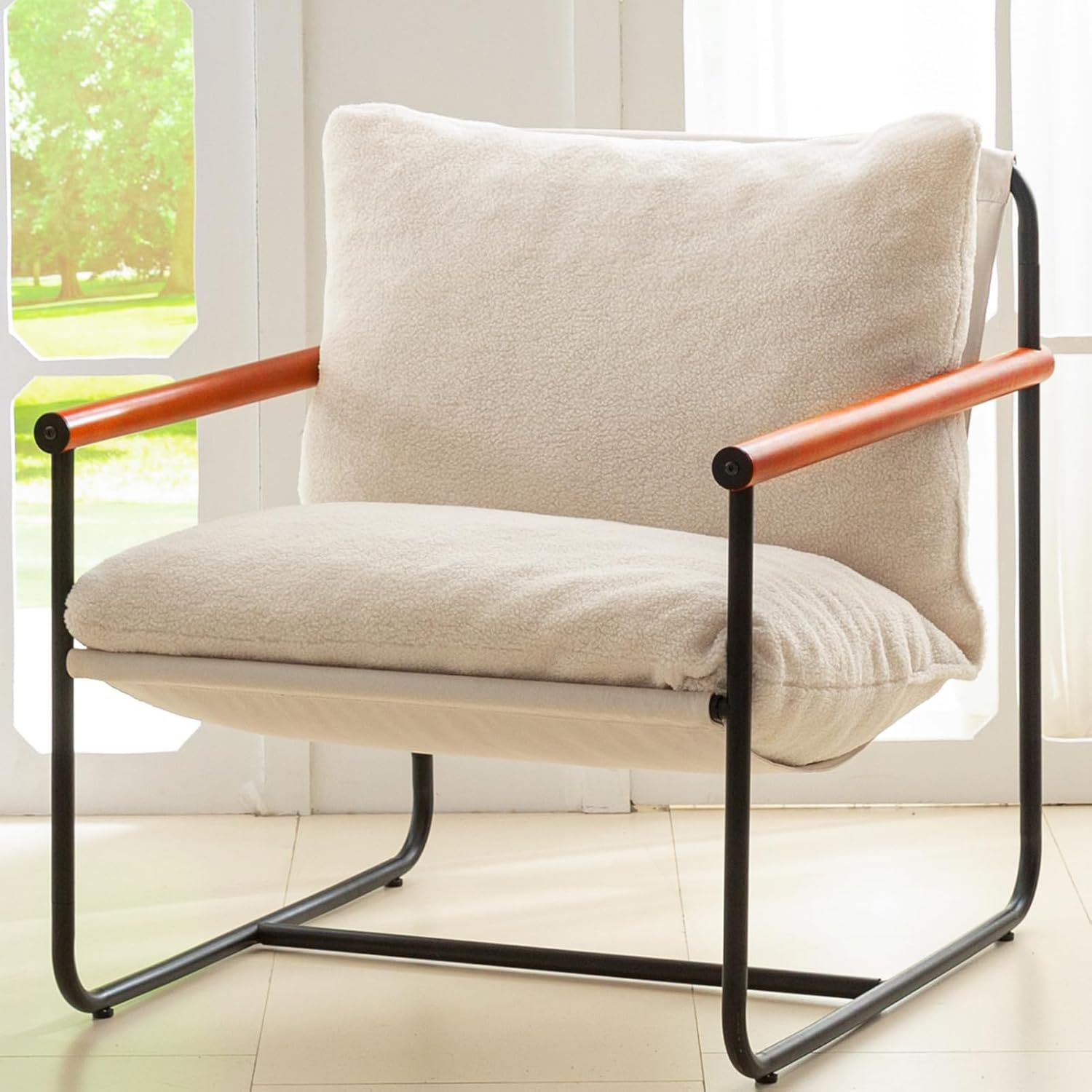 Beige Barrel Accent Chair with Metal Frame and Wood Armrests