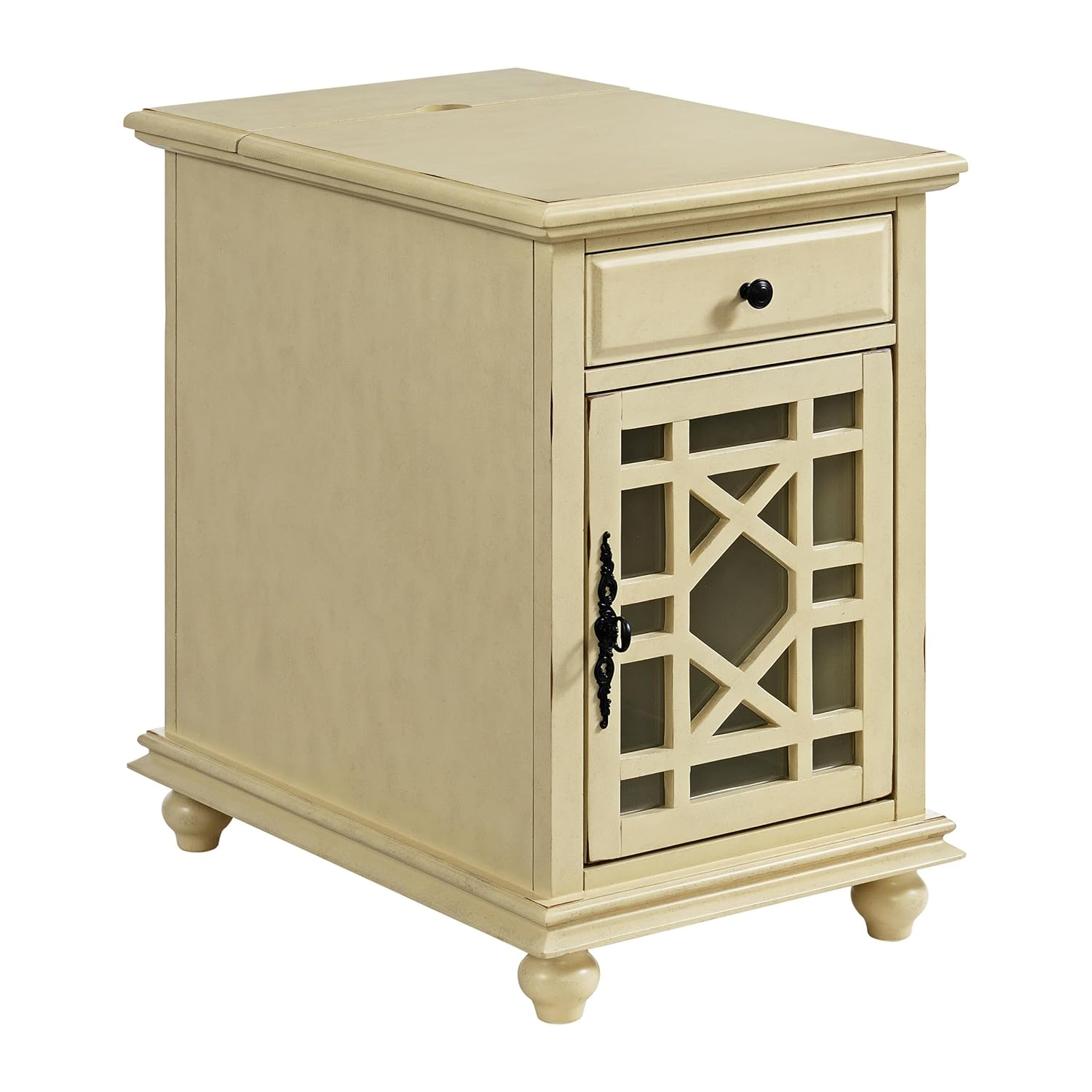 Chairside Table with 1 Drawer and 1 Trellis Door, Antique White- Saltoro Sherpi