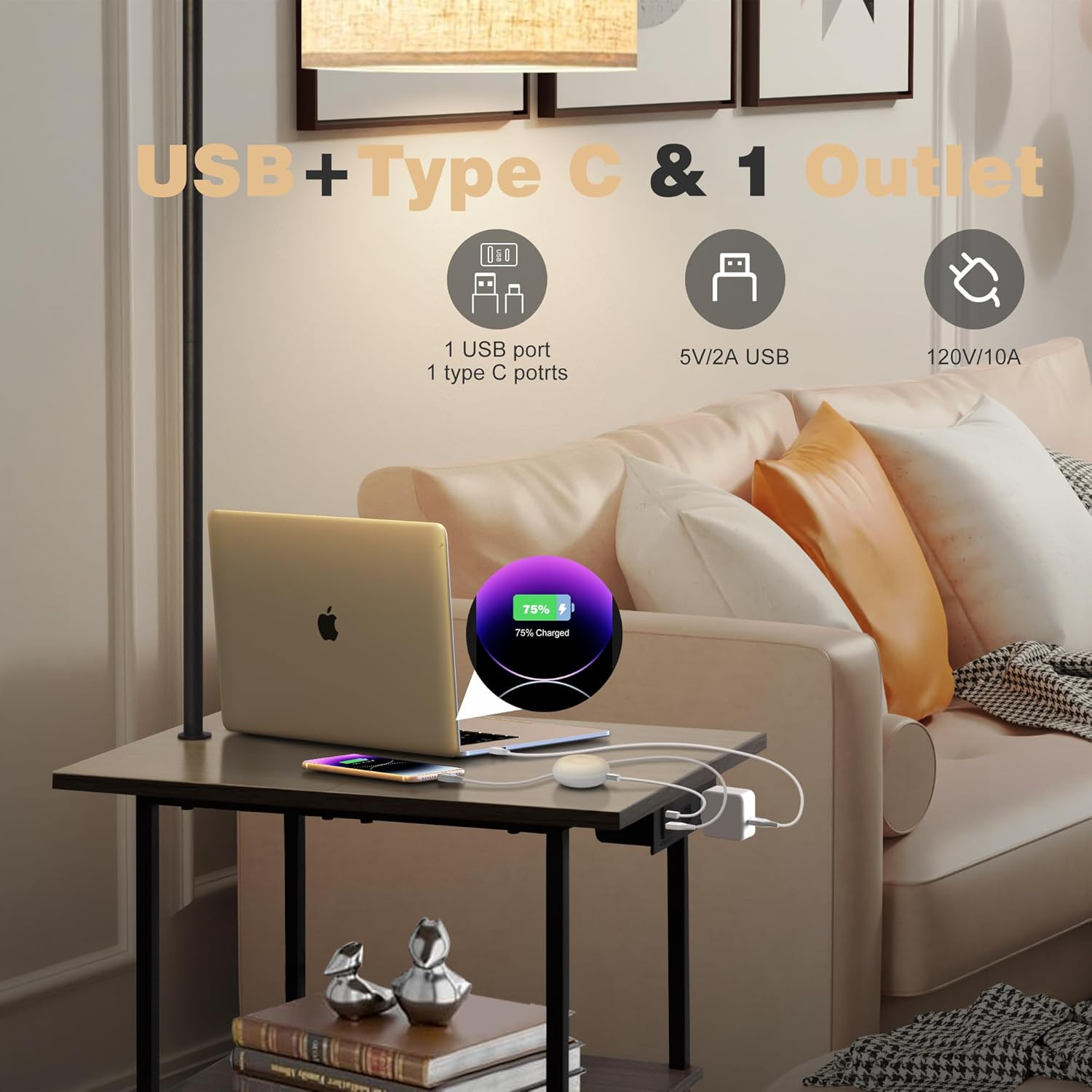 PESRAE Floor Lamp with Table, End Table with Charging Station(USB & Type-C & AC Port), 3 Color Temperatures 9W LED Bulb, Modern Shelves Side Table for Bedroom, Living Room