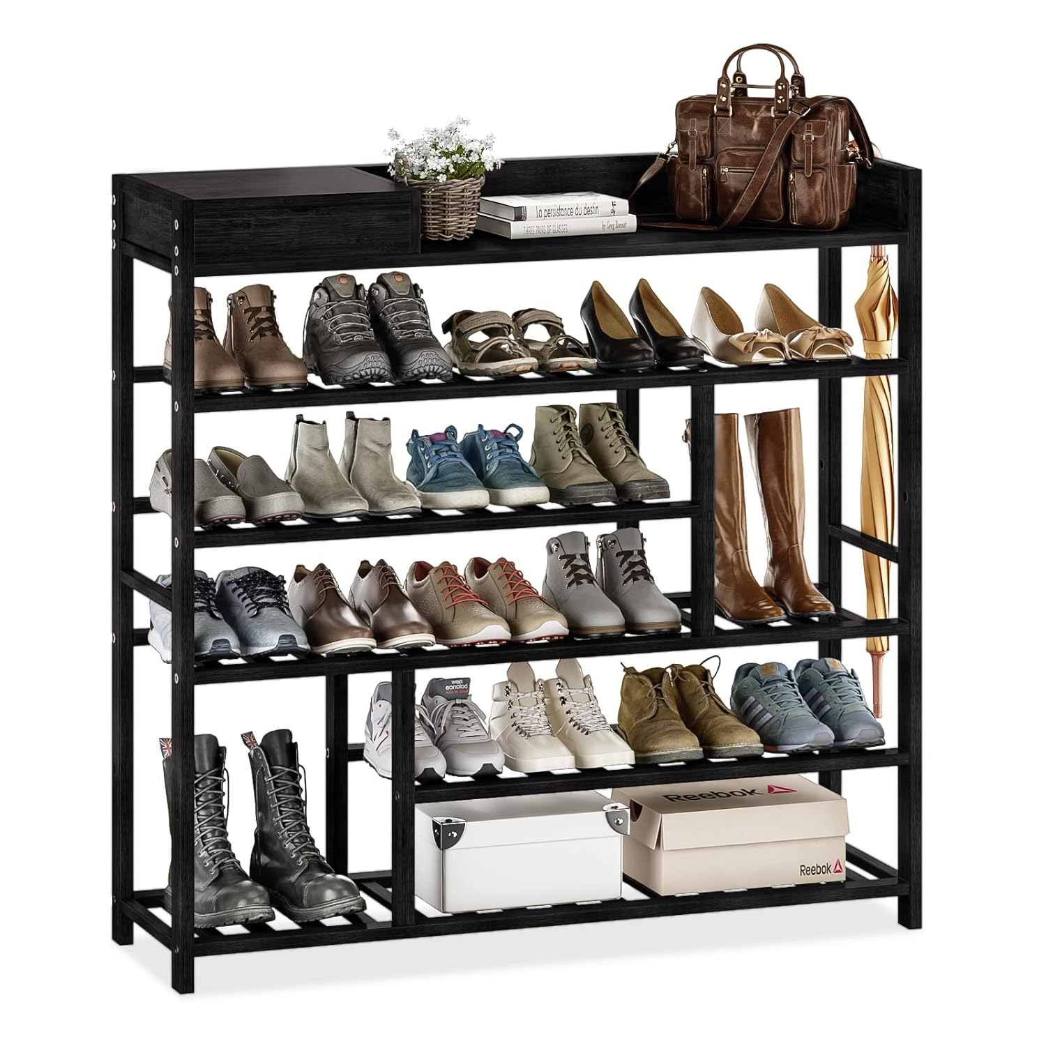 Bamworld Shoe Rack for Front Door Entrance Bamboo Shoe Organizer with Storage Box Free Standing Shoe Cabinet Shoe Storage Shelf for Entryway, Closet and Doorway (Black)