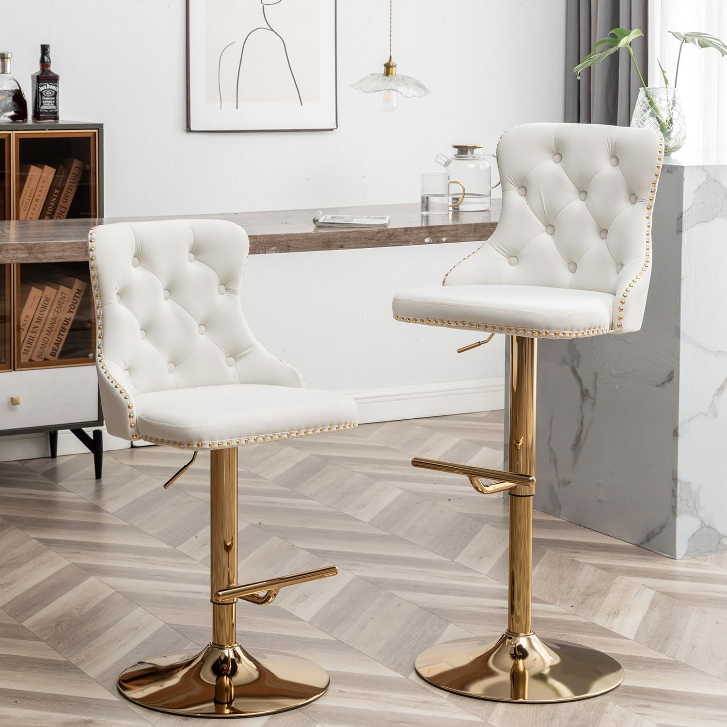 Gold Velvet Bar Stools Set of 2, Swivel Counter Height Bar Stools with Nailheads Trim and Button, Adjustable Barstools for Kitchen Island, Pub, Club (Beige)