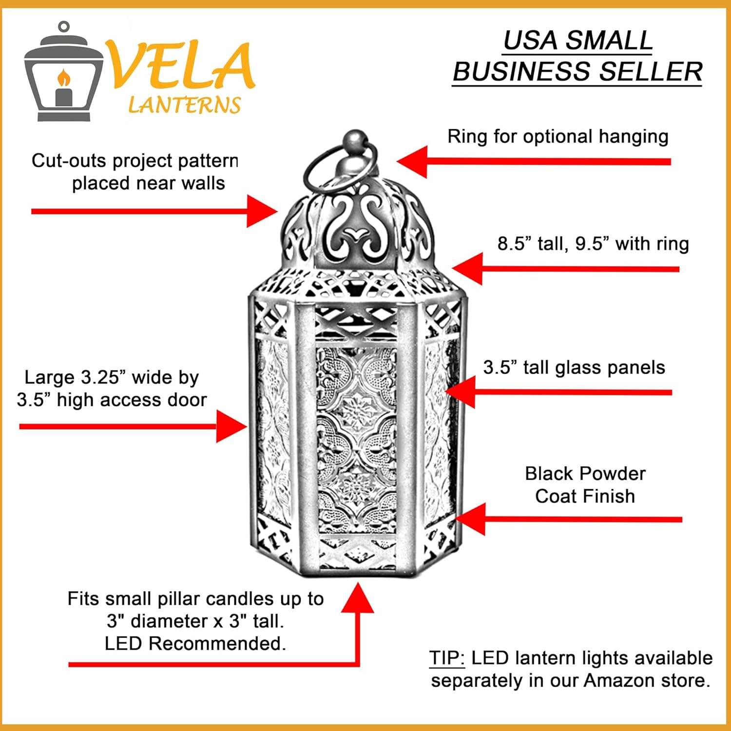 Small Black Metal Moroccan Lantern with Amber Glass Panels