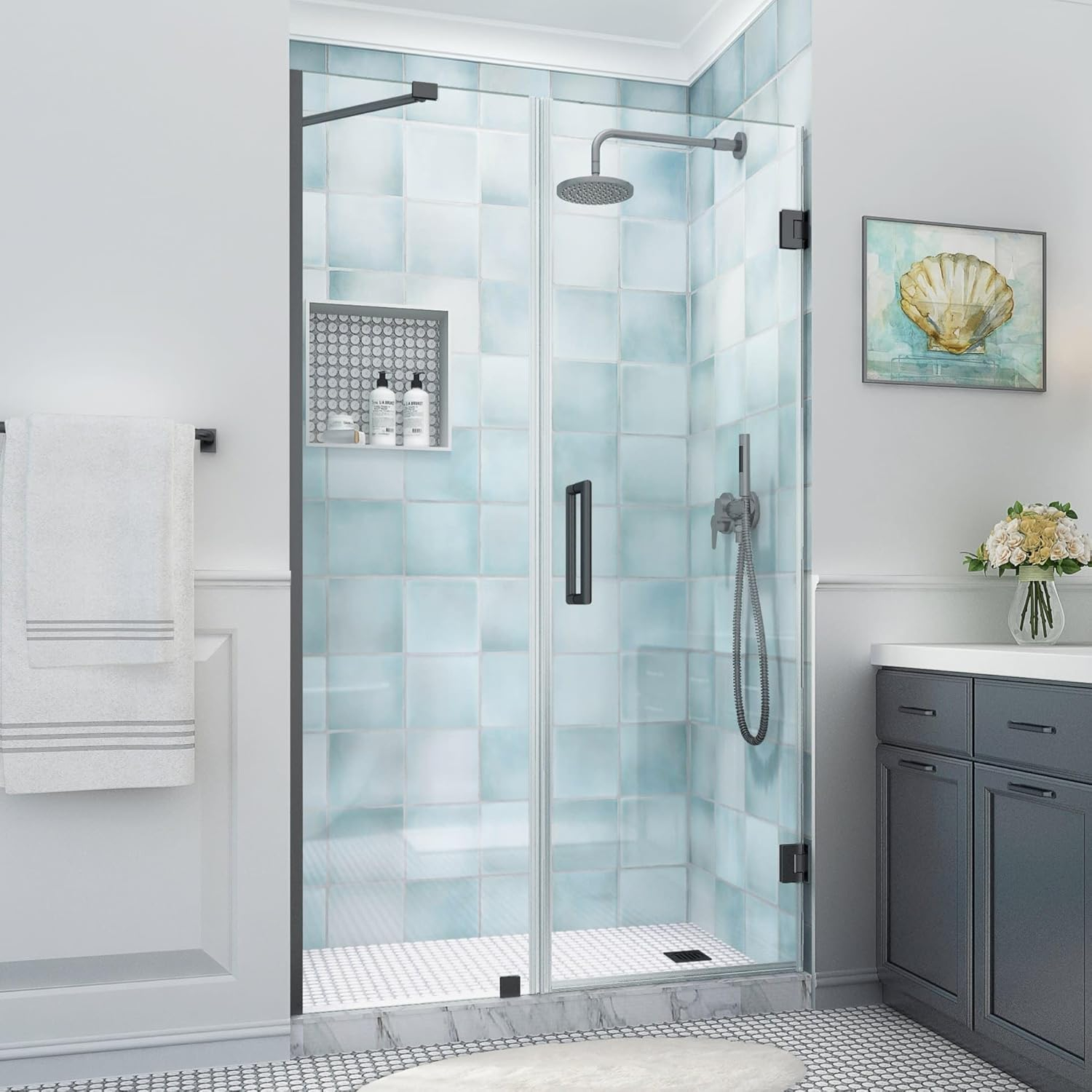Belmore XL 51.25 - 52.25 in. W x 80 in. H Frameless Hinged Shower Door with Clear StarCast Glass in Matte Black