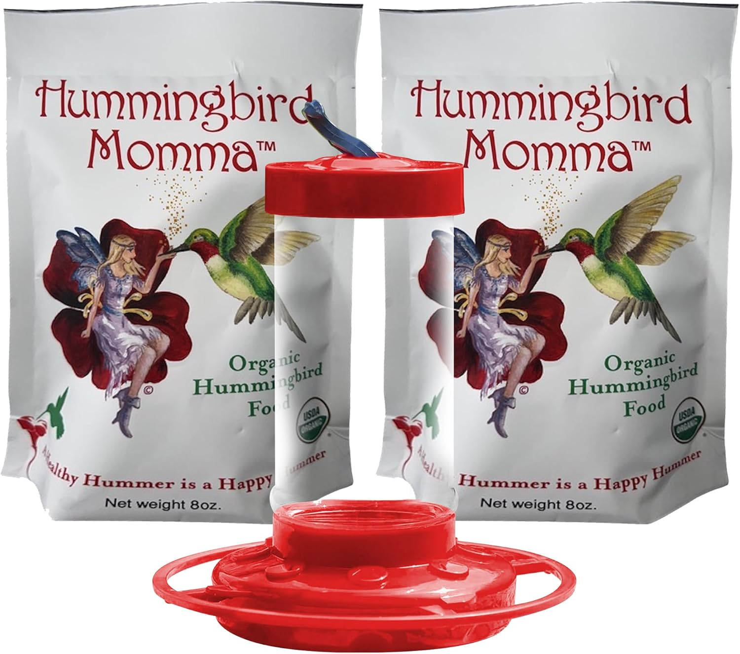 Hummingbird Momma 3-Piece Inverted Hummingbird Feeder Kit with 2 - 8oz Nectar Pouches, Red, 16 fl oz Capacity (2 Pack)