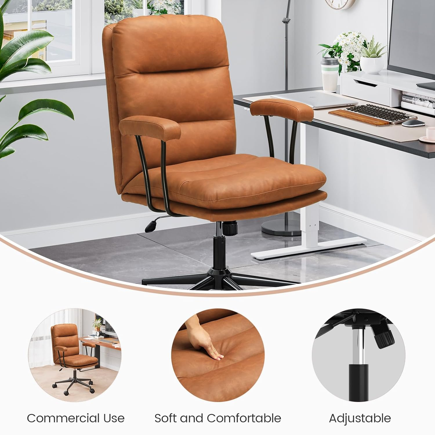 Brown Office Chair Leather High Back Swivel Desk Chair,Faux Leather Executive Upholstered Chair for Home Office, Max 400lbs