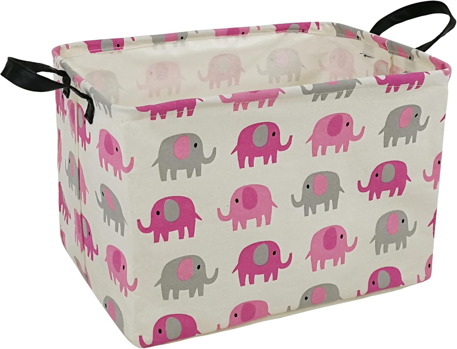 Elephant Print Rectangular Storage Bin Shelf Basket Canvas Fabric Toy Box,Waterproof Coating Nursery Hamper with Handles,Gift Basket for Home,Office,Clothes,Books(pink grey elephant)