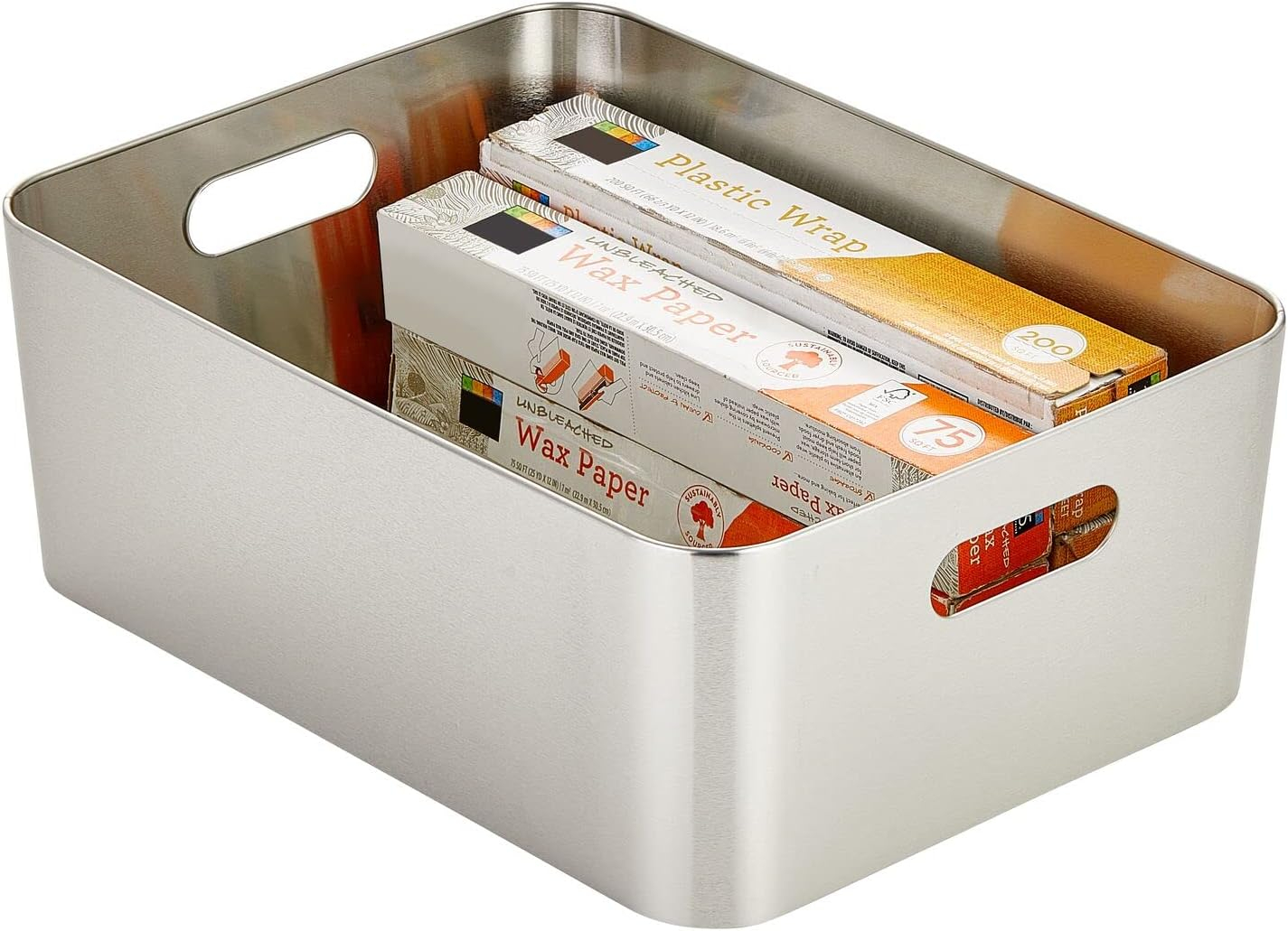 mDesign Steel Metal Storage Container Bin Basket, Handle - Kitchen Pantry, Cabinet, Fridge, Drawers, Freezer Organization - Food/Snack Holder Crates, 12" Wide - Mirri Collection, Brushed Chrome