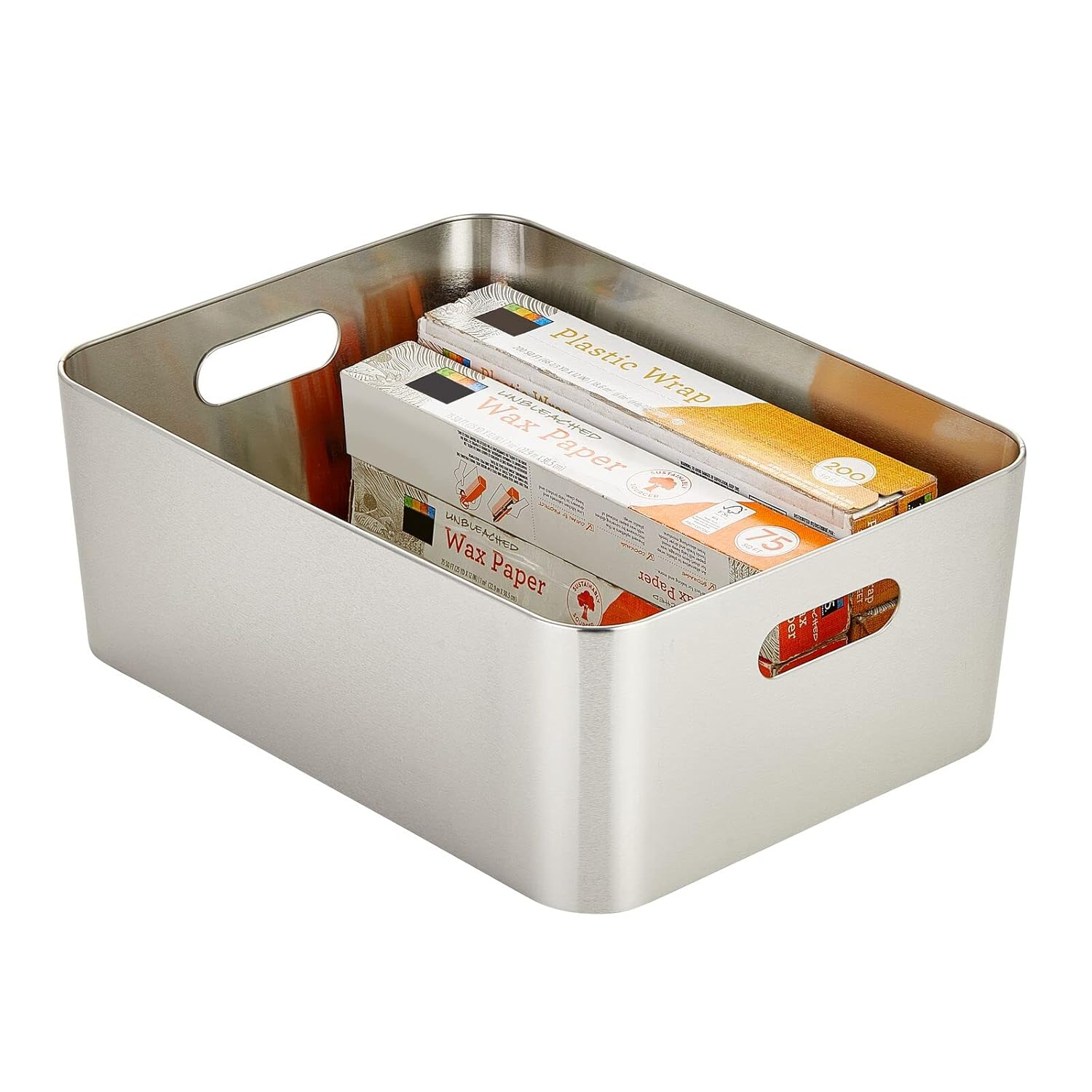 mDesign Steel Metal Storage Container Bin Basket, Handle - Kitchen Pantry, Cabinet, Fridge, Drawers, Freezer Organization - Food/Snack Holder Crates, 12" Wide - Mirri Collection, Brushed Chrome